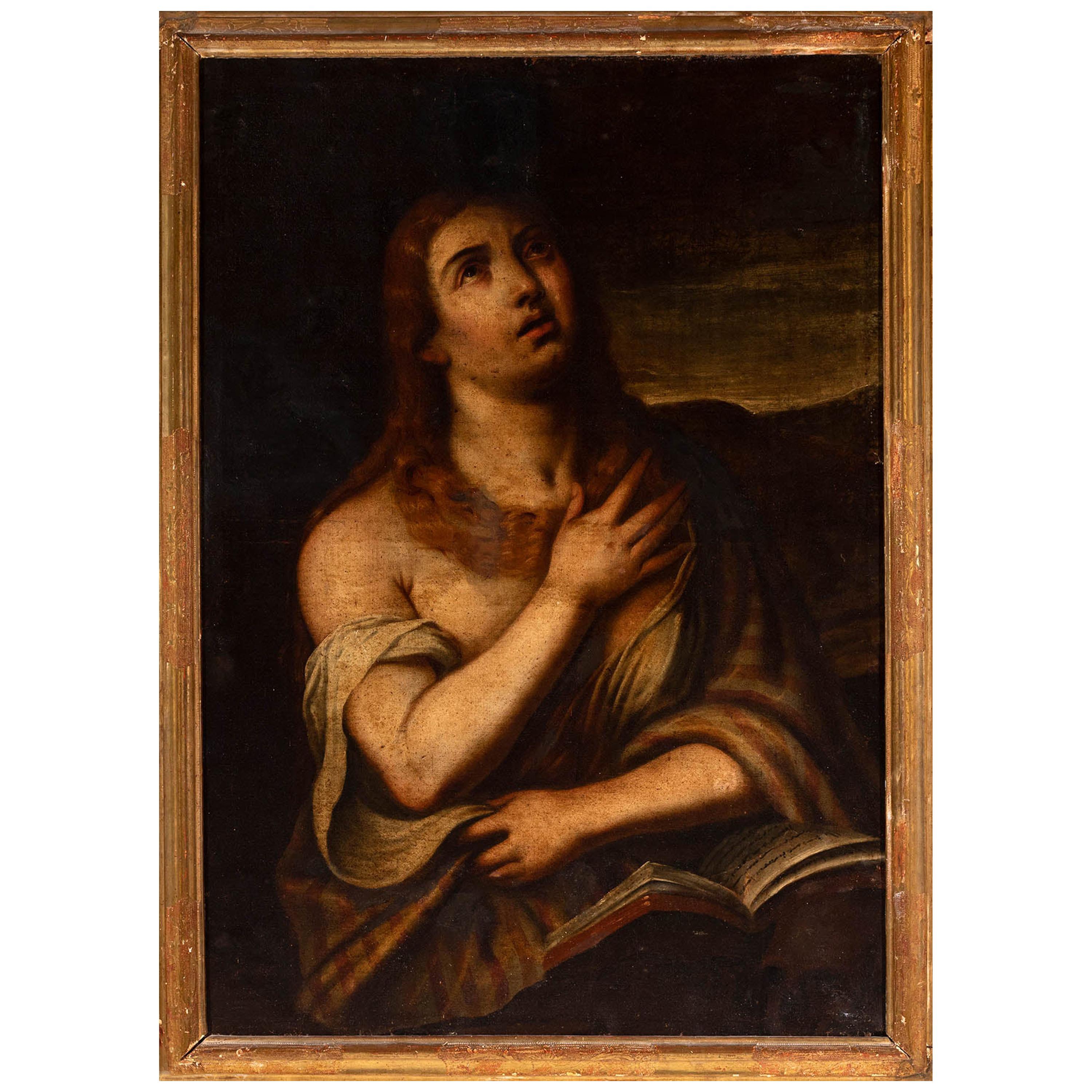 Huile sur toile espagnole du 18ème siècle représentant Magdalene pendante en vente