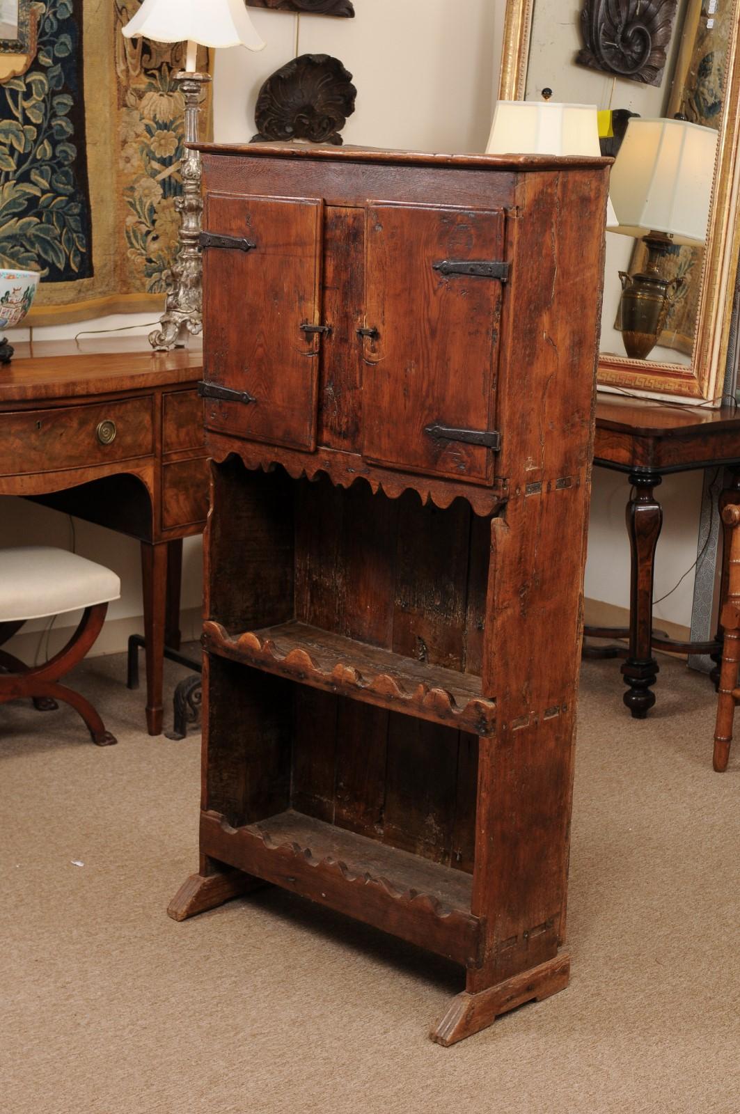 18th Century Spanish Pine Cupboard with 2 Cabinet Doors over Open Shelves 2
