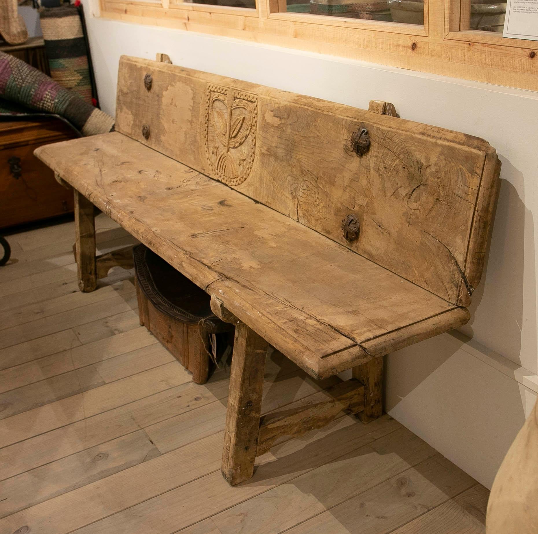 18th century Spanish Pine Wood Bench from a Church with Iron Nails For Sale 10