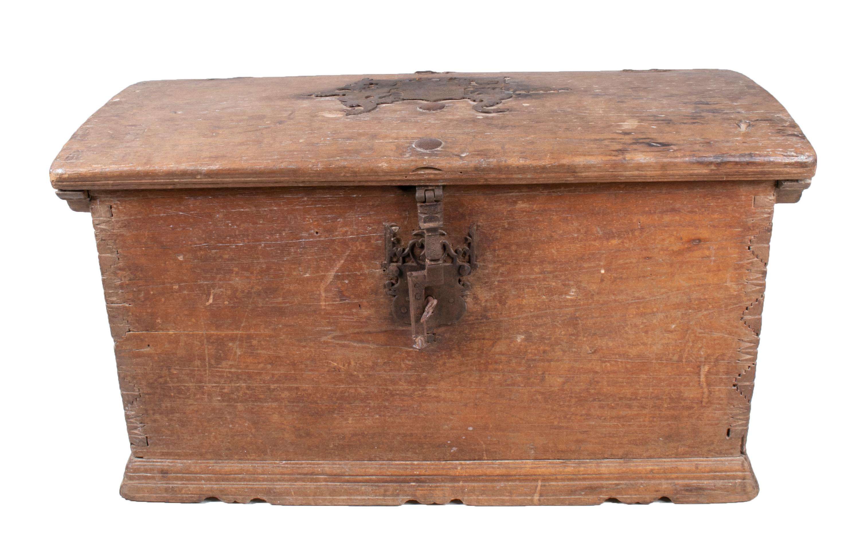 18th century Spanish pine wood rustic trunk with wrought iron fittings.