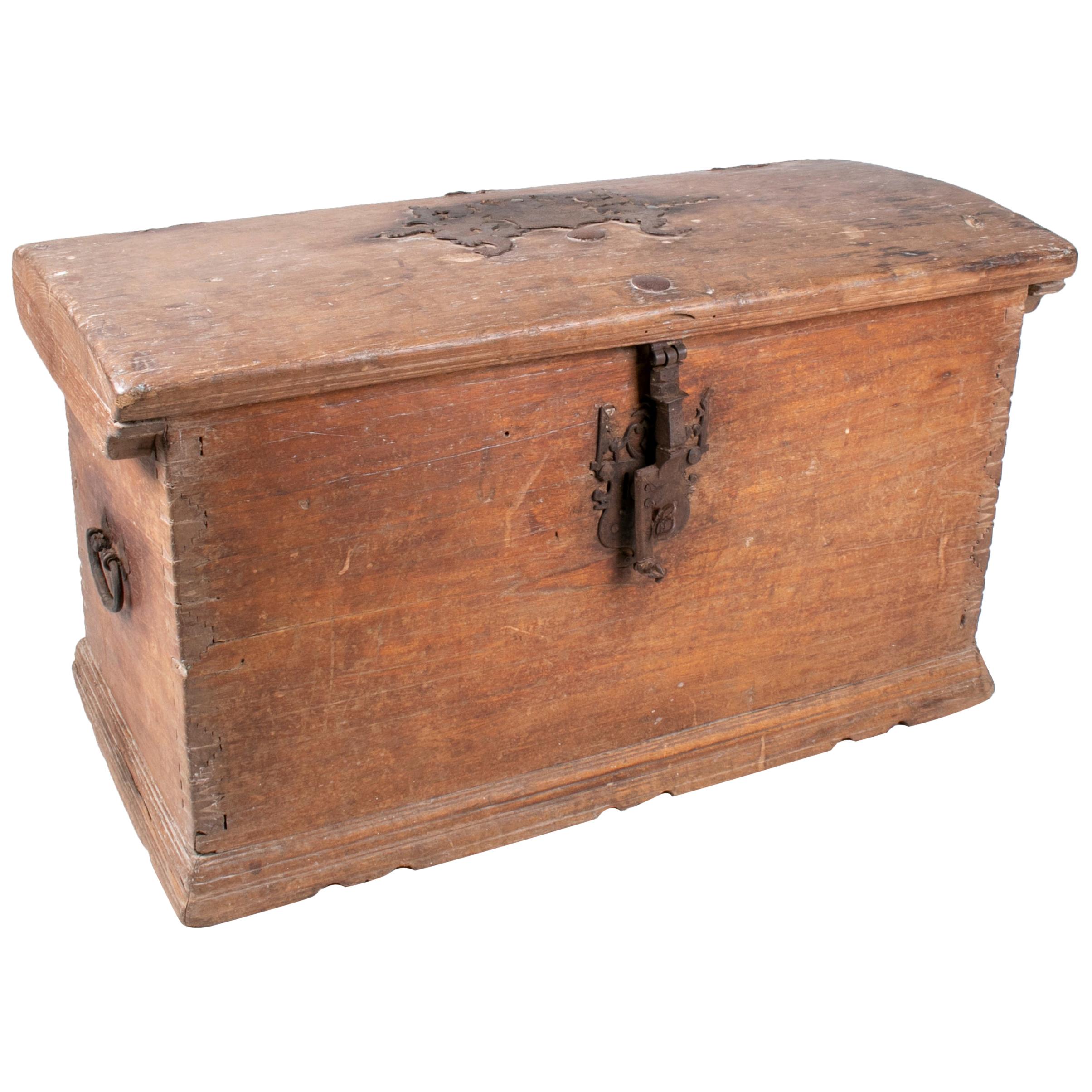 18th Century Spanish Pine Wood Rustic Trunk with Wrought Iron Fittings