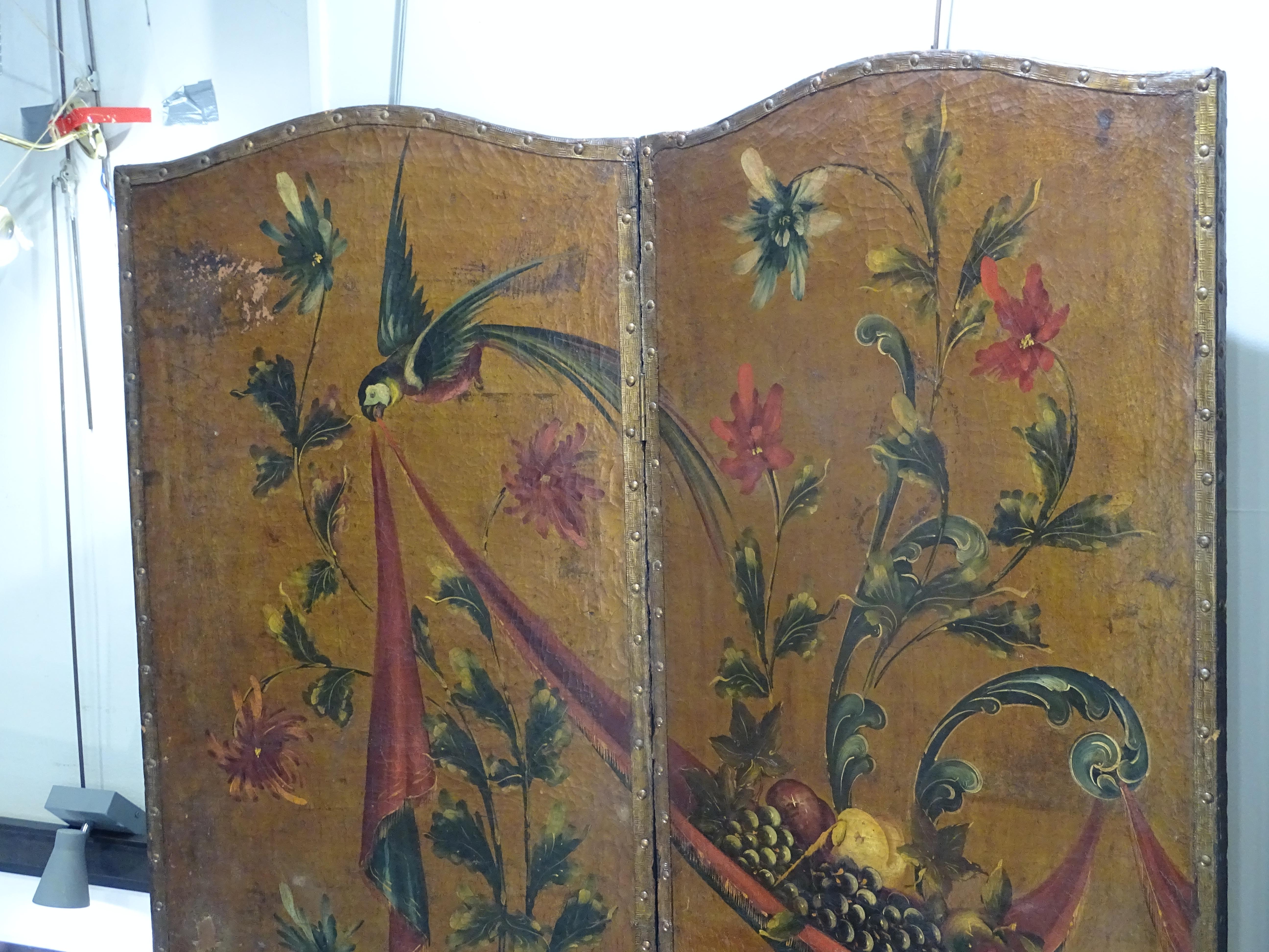 Baroque 18th Century Spanish Pinting Cordoban Screen, Flowers, Fruits, Birds