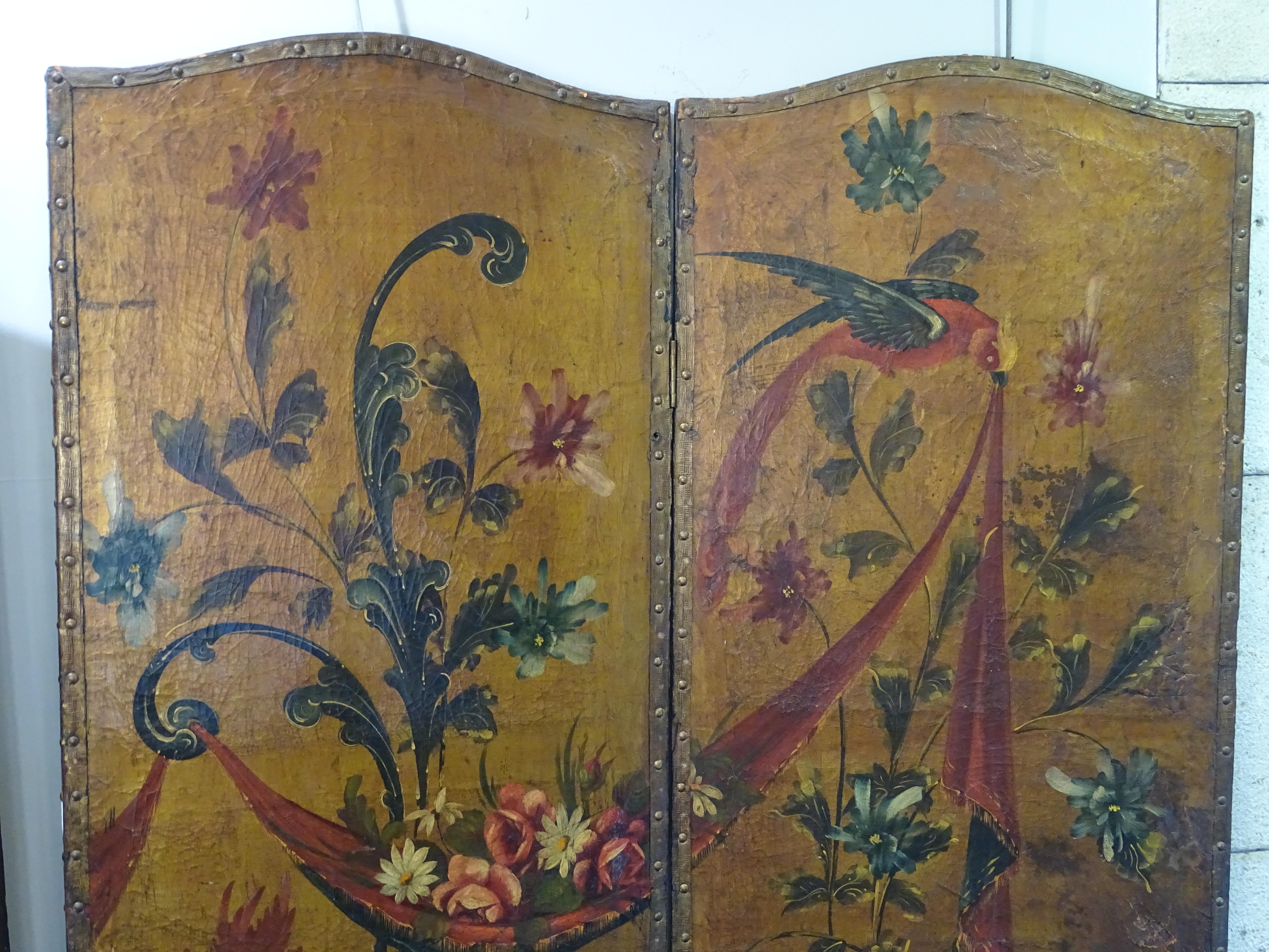 Hand-Crafted 18th Century Spanish Pinting Cordoban Screen, Flowers, Fruits, Birds