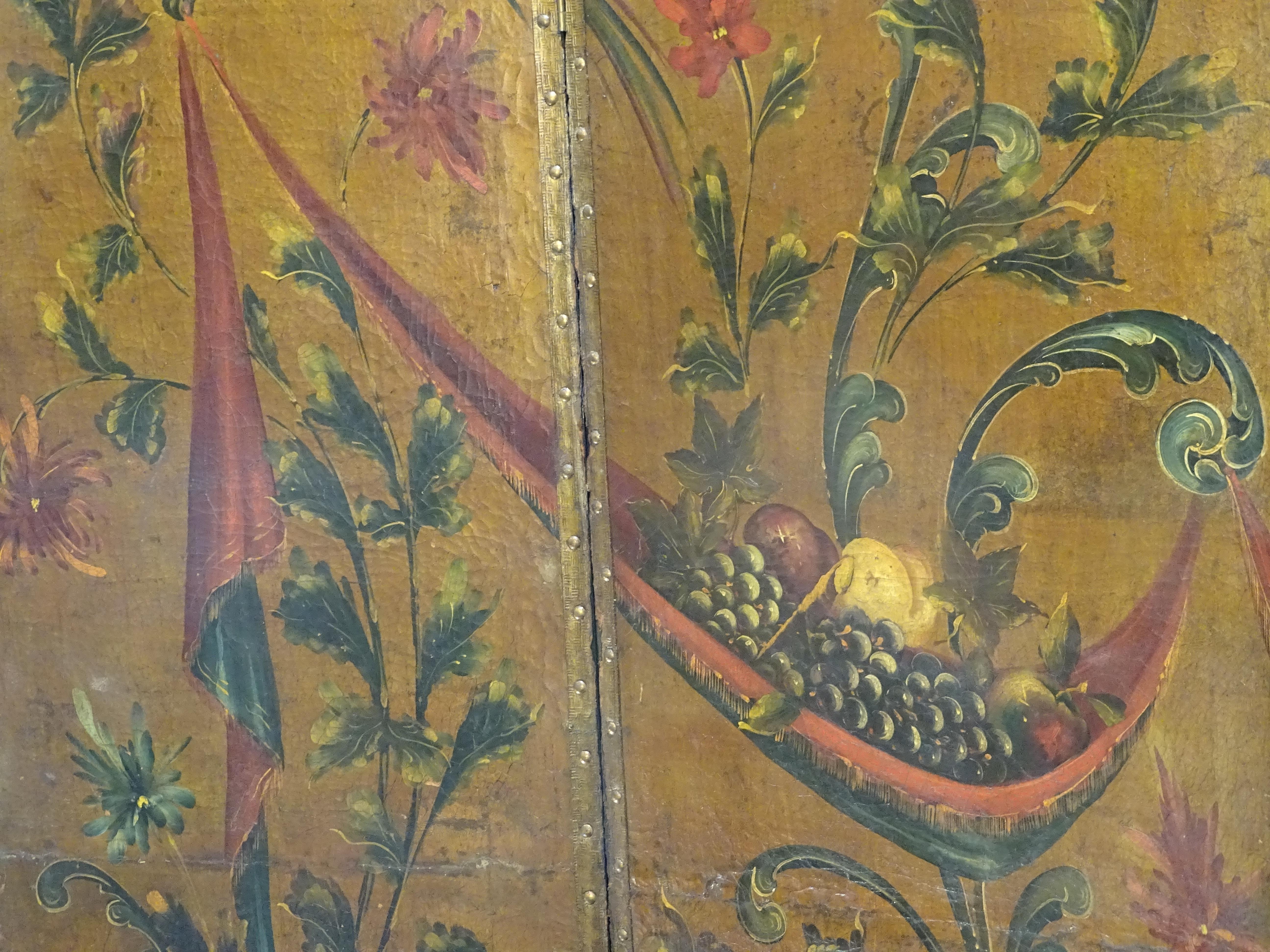 Late 18th Century 18th Century Spanish Pinting Cordoban Screen, Flowers, Fruits, Birds