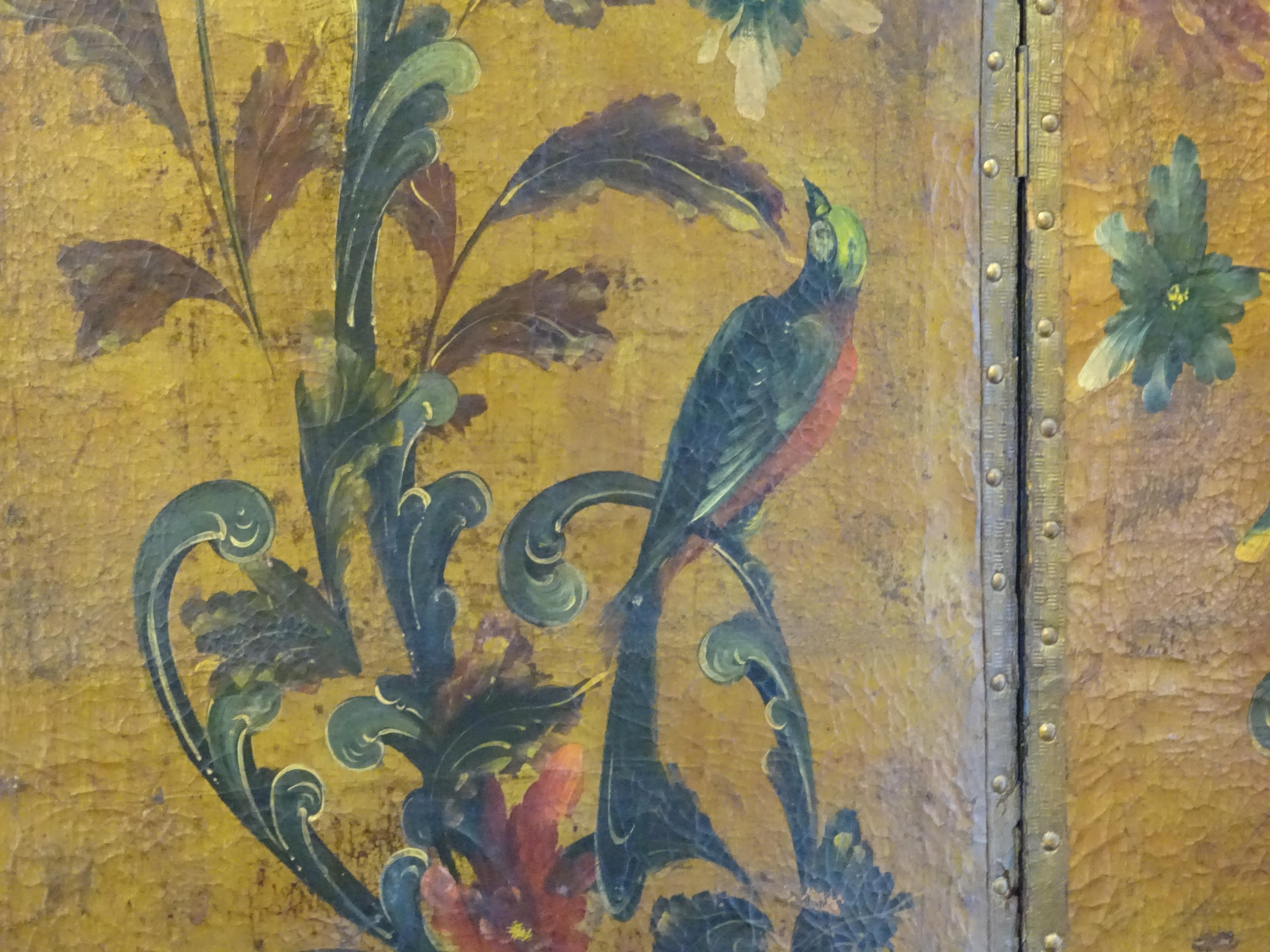 Leather 18th Century Spanish Pinting Cordoban Screen, Flowers, Fruits, Birds