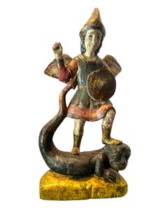 18th Century Spanish Polychrome Wood Carving of St. Michael.