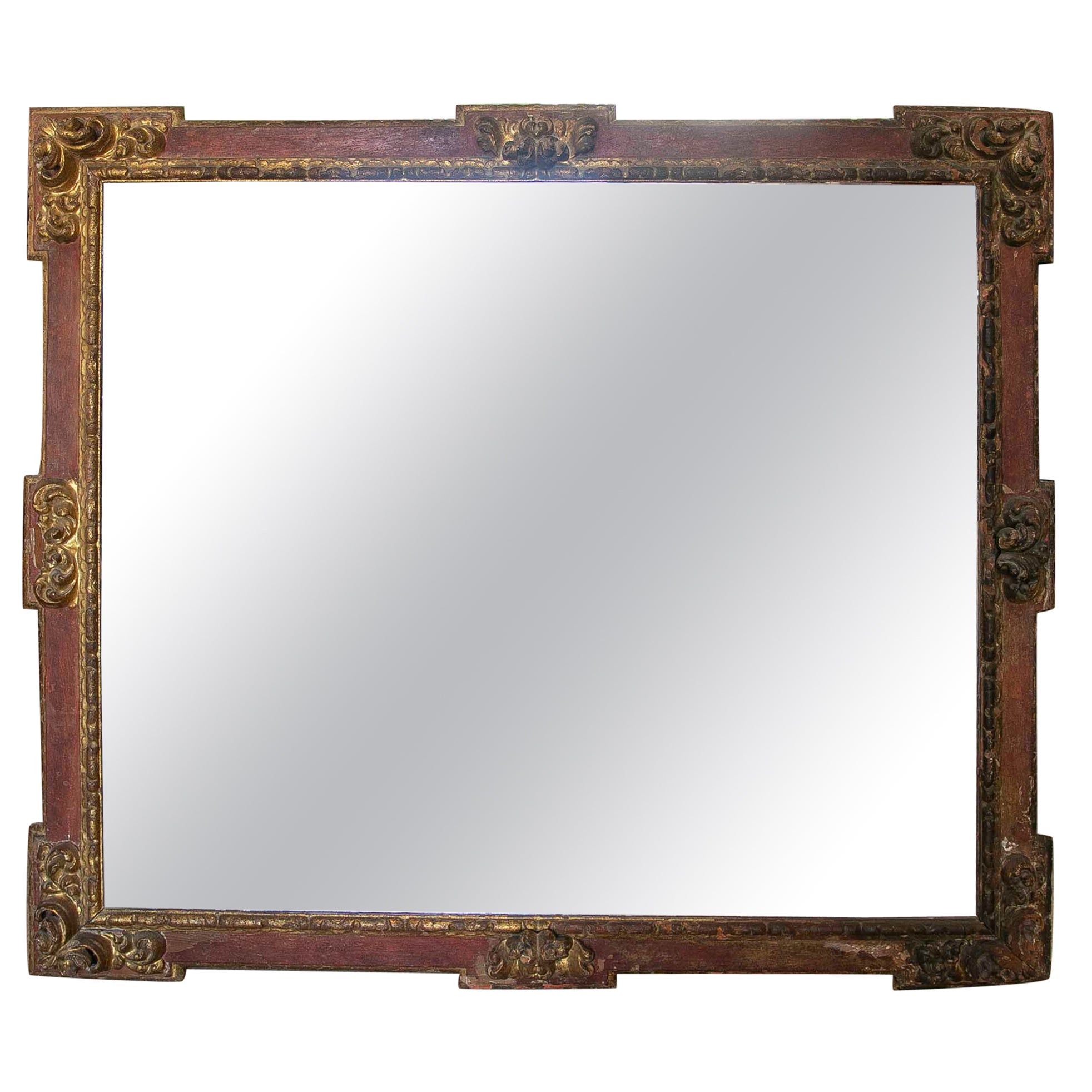 18th Century Spanish Polychrome Wooden Mirror Decorated with  Gold Rocailles