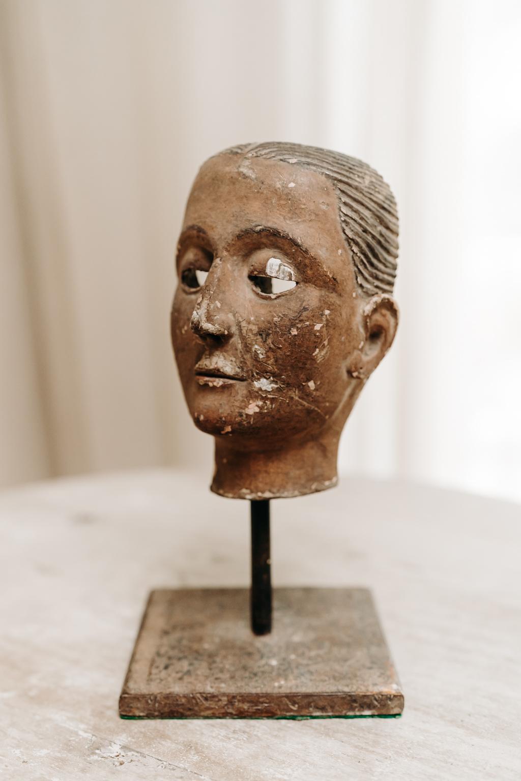 20th Century 18th century Spanish polychromed wooden Santos head  For Sale