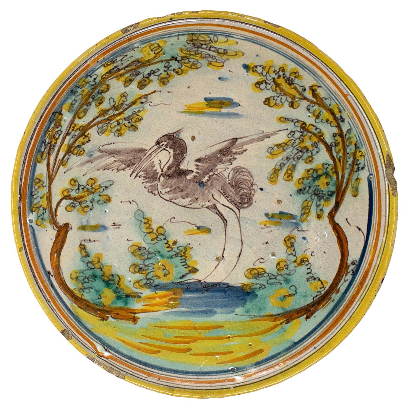 18th Century Spanish "Puente del Arzobispo" Madrid Hand Painted Earthenware Dish For Sale