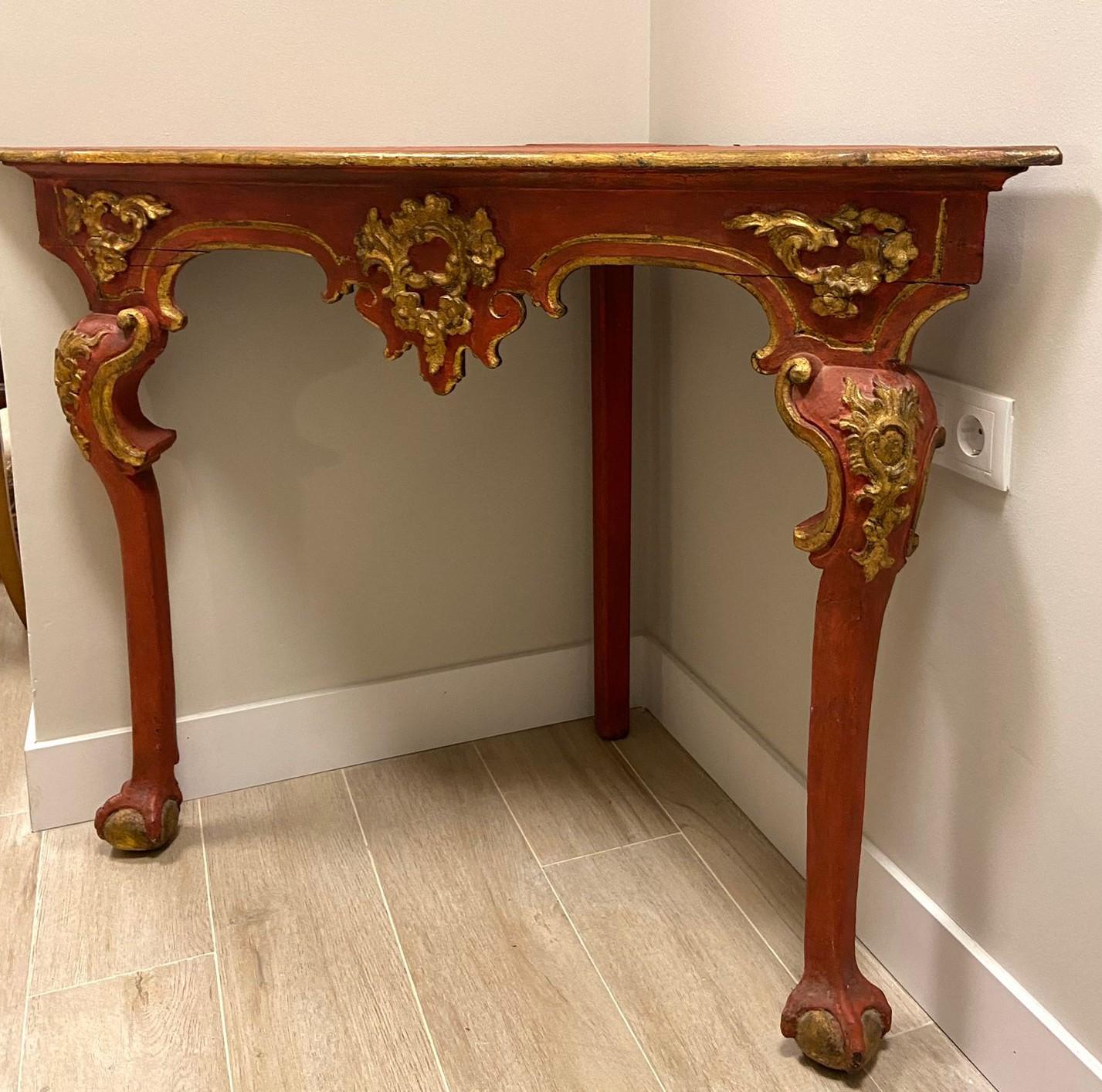 18th Century Spanish Red Corner Table, Console, Andalusian Baroque For Sale 4