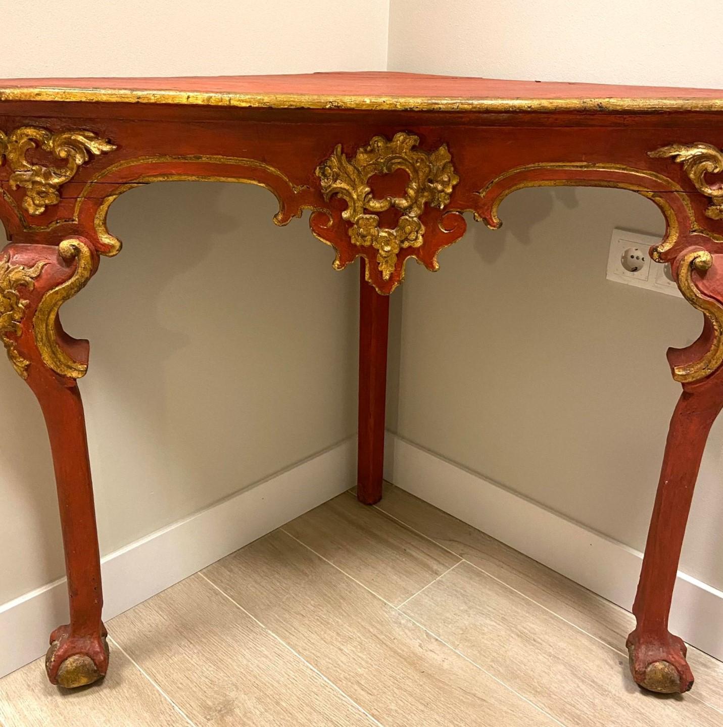 18th Century Spanish Red Corner Table, Console, Andalusian Baroque For Sale 11