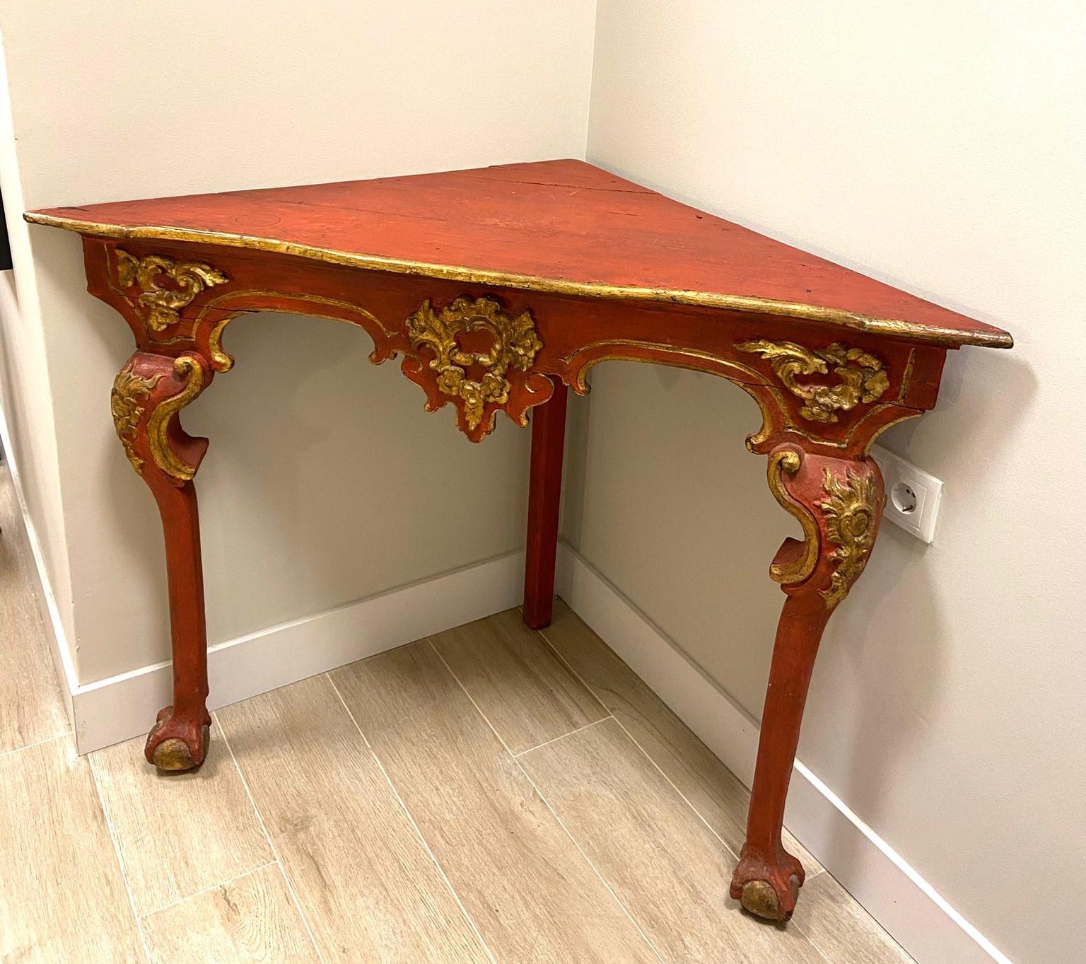 18th Century Spanish Red Corner Table, Console, Andalusian Baroque For Sale 13