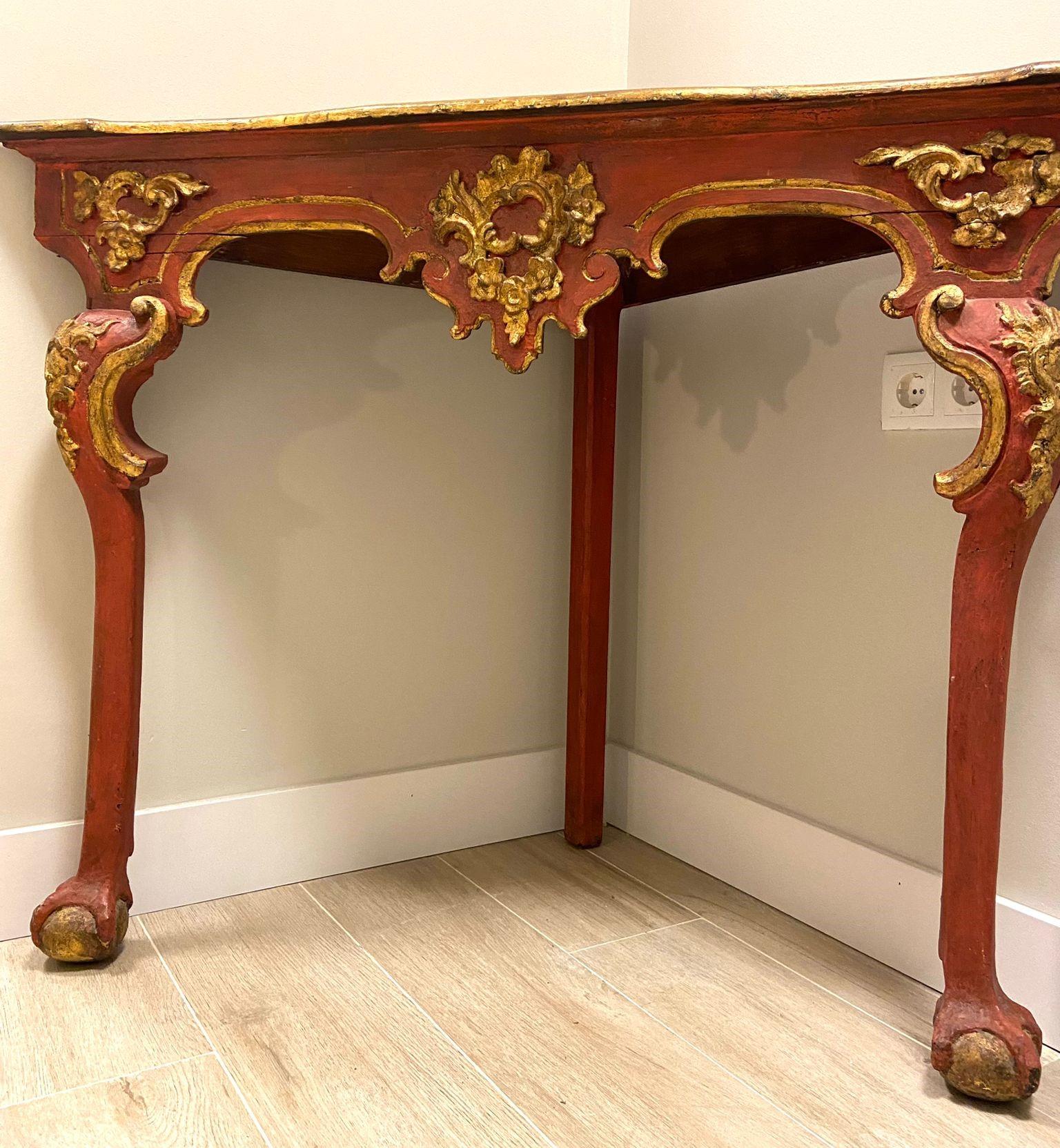 18th Century Spanish Red Corner Table, Console, Andalusian Baroque For Sale 14