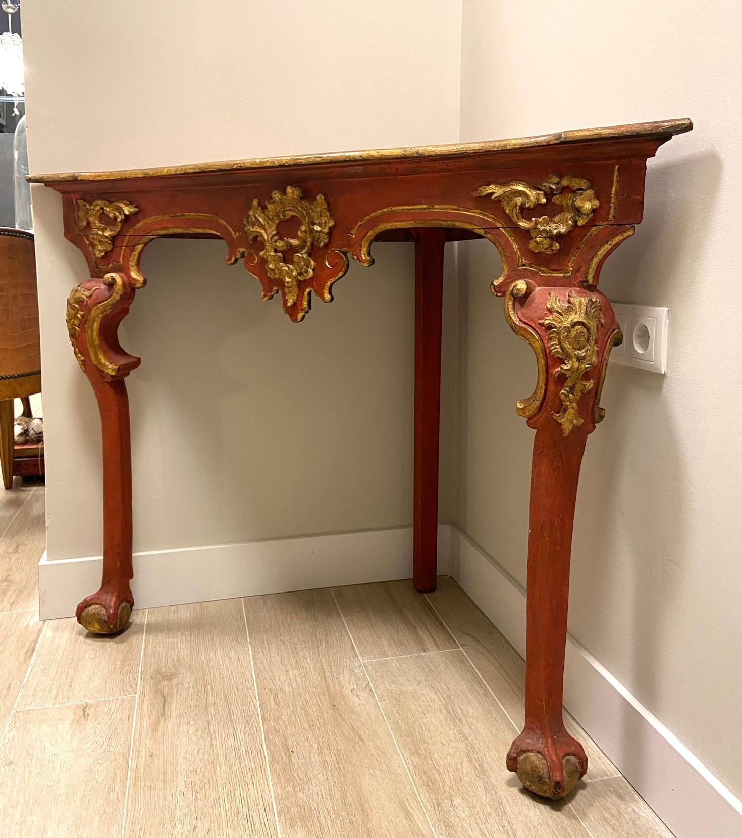 18th Century Spanish Red Corner Table, Console, Andalusian Baroque For Sale 3