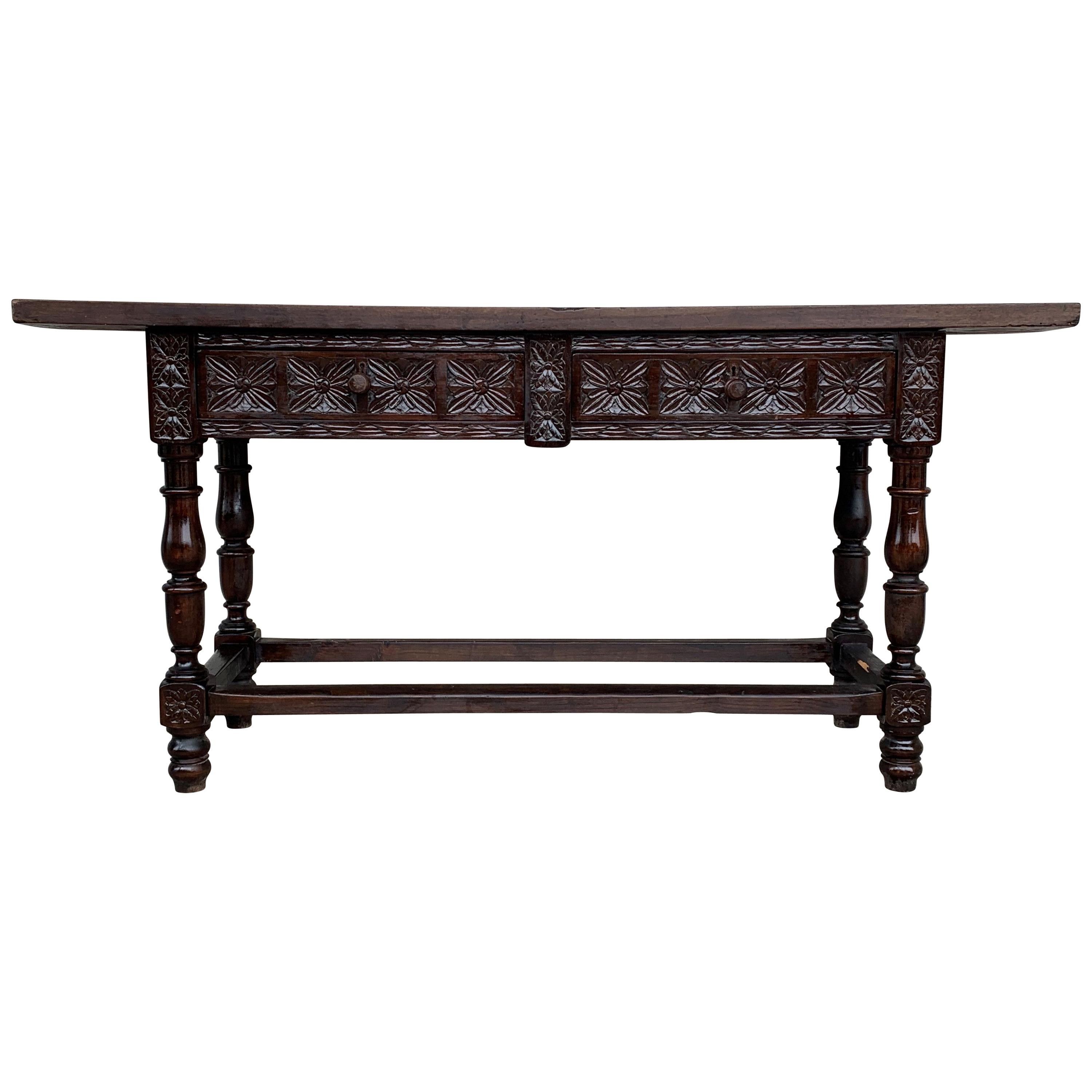 18th Century Spanish Refectory Table or Farm Table with Drawers