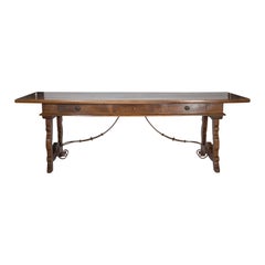 18th Century Spanish Refectory Table with Hand Forged Iron Stretcher