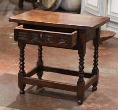 18th Century Spanish Renaissance Carved Walnut One Plank Top Side Table & Drawer