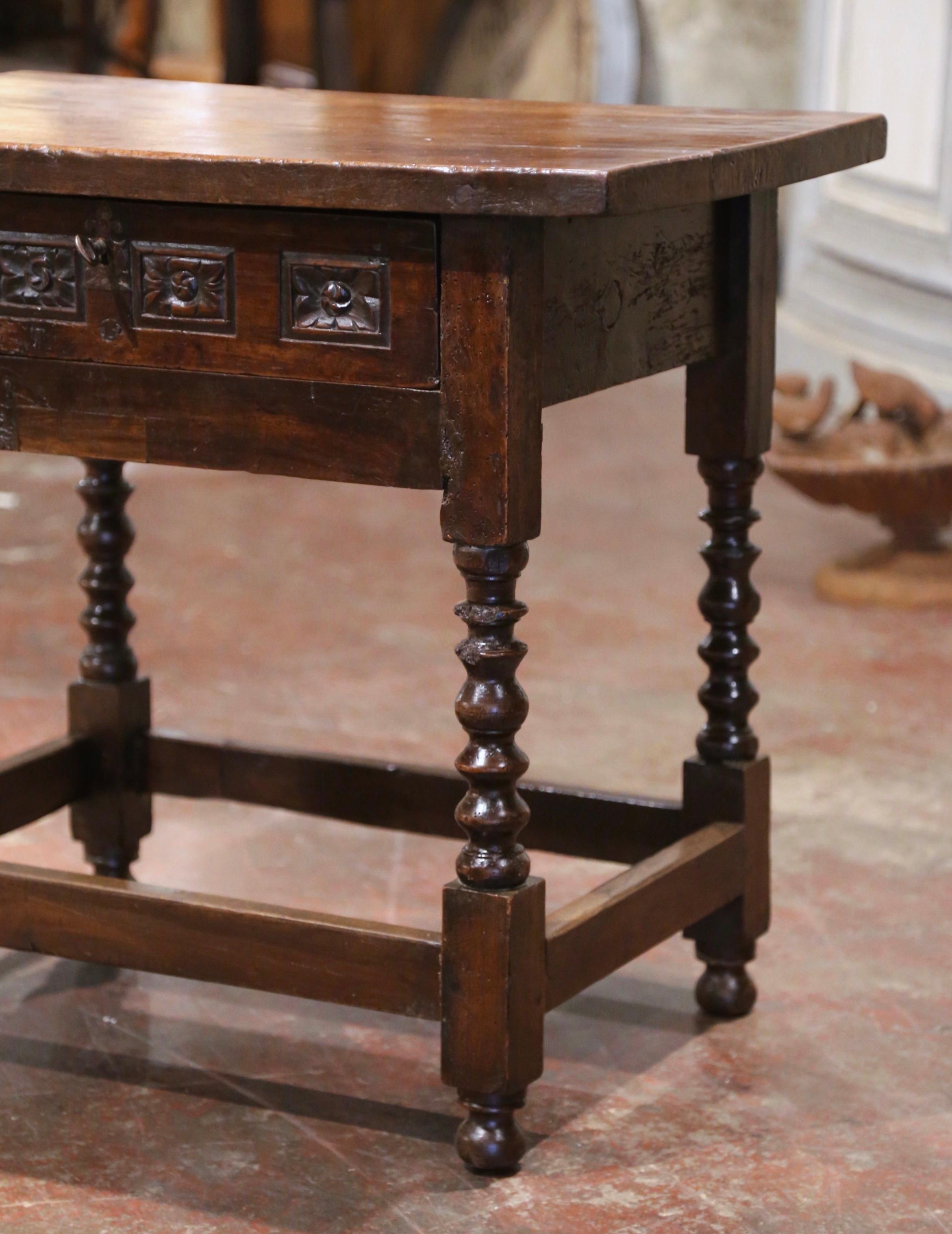 Hand-Carved 18th Century Spanish Renaissance Carved Walnut One Plank Top Side Table & Drawer