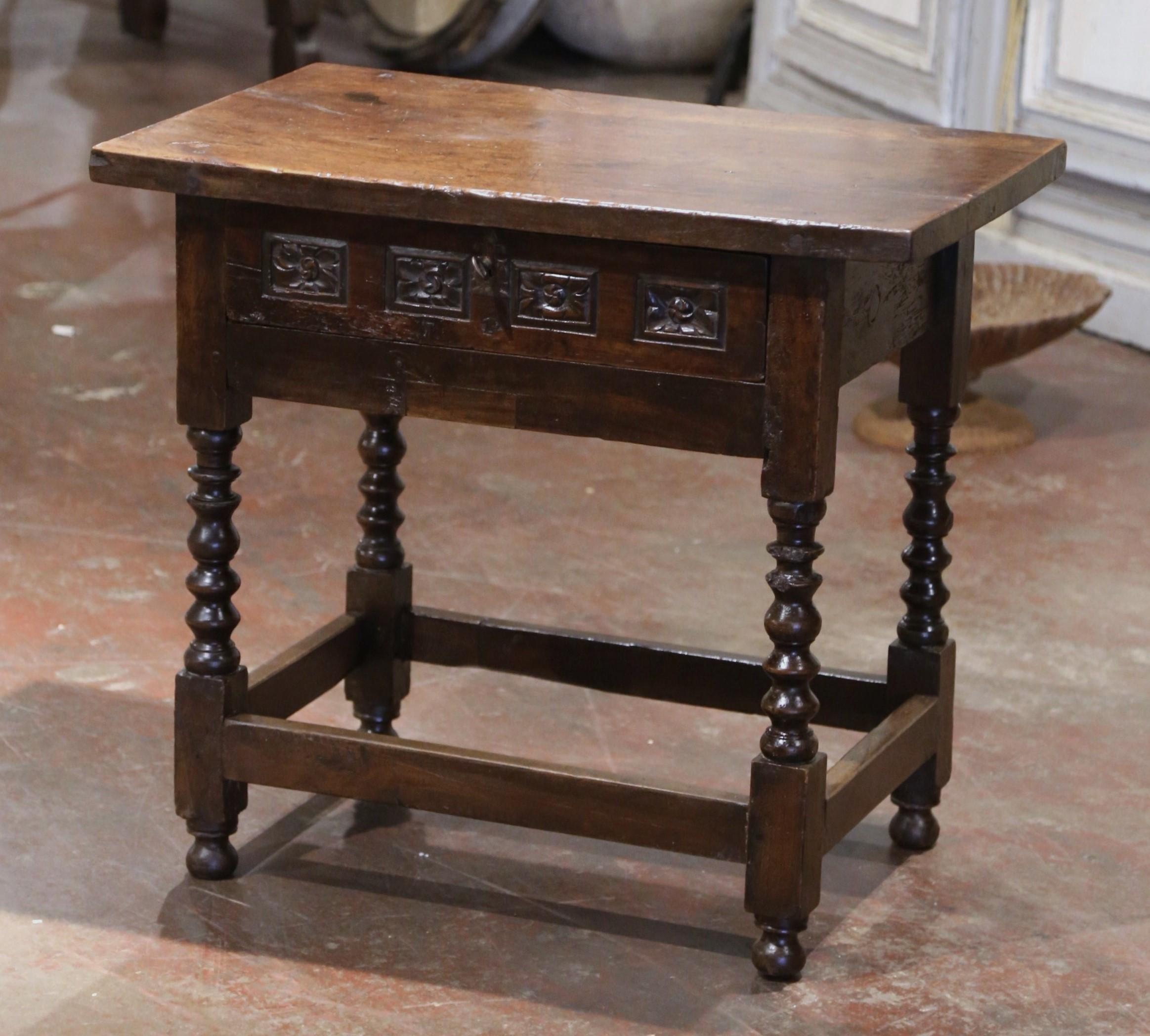18th Century Spanish Renaissance Carved Walnut One Plank Top Side Table & Drawer In Excellent Condition In Dallas, TX