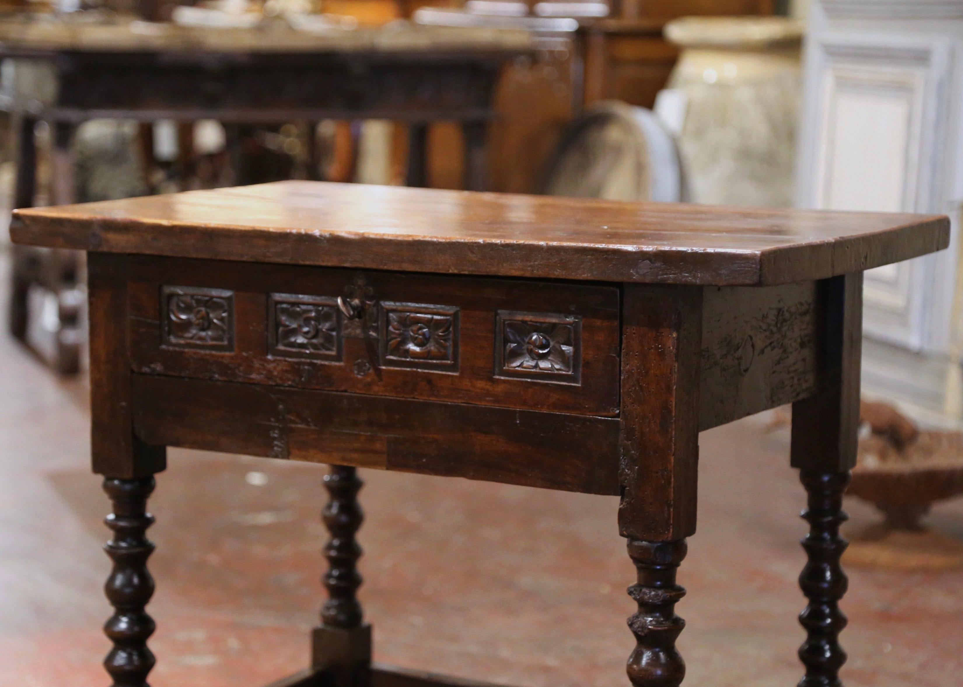 18th Century Spanish Renaissance Carved Walnut One Plank Top Side Table & Drawer 1