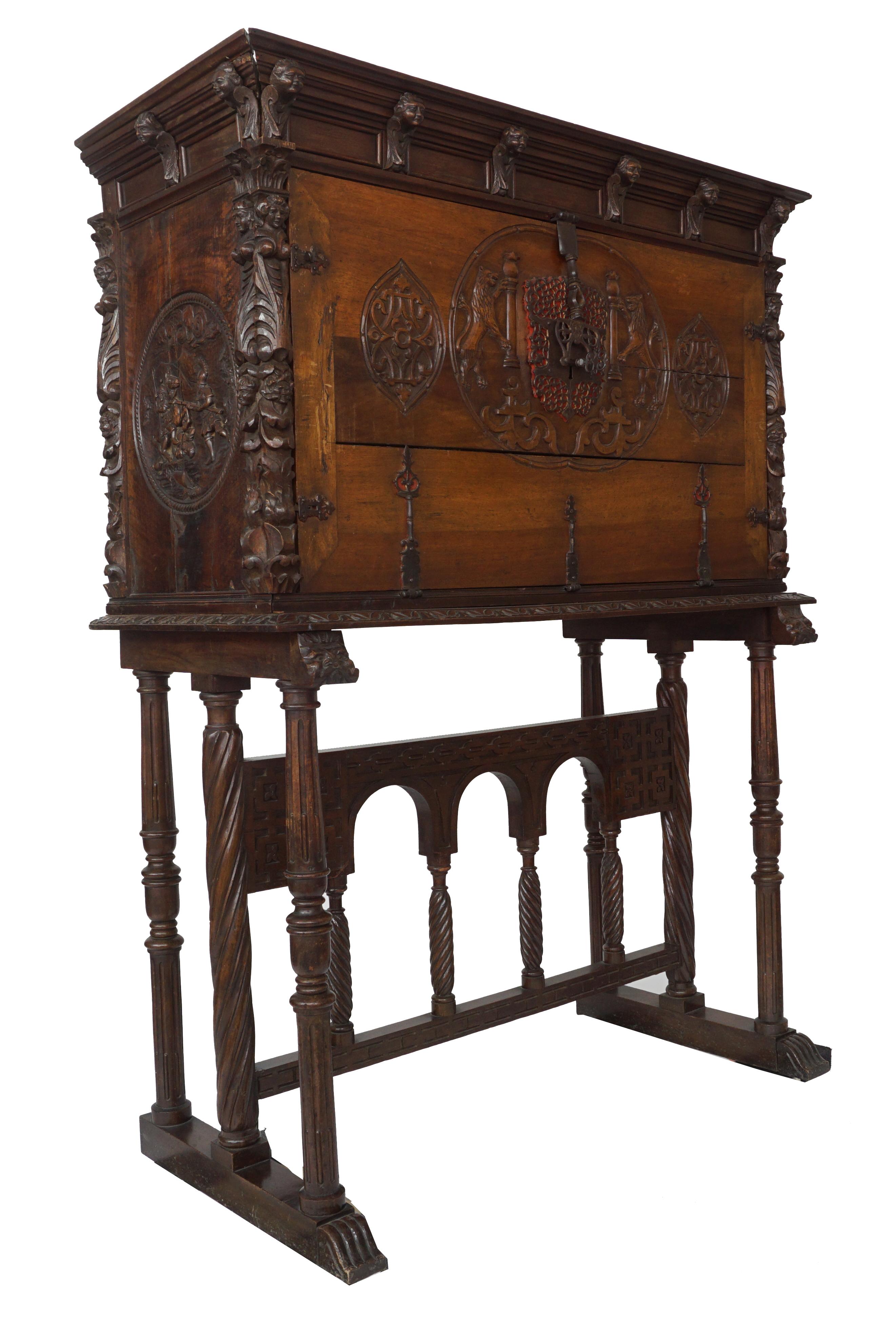 Hand-Carved 18th Century Spanish Renaissance Style Vargueno For Sale