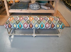 18th Century Spanish Reupholstered Long Wooden Foot Stool w/ Spindle Legs