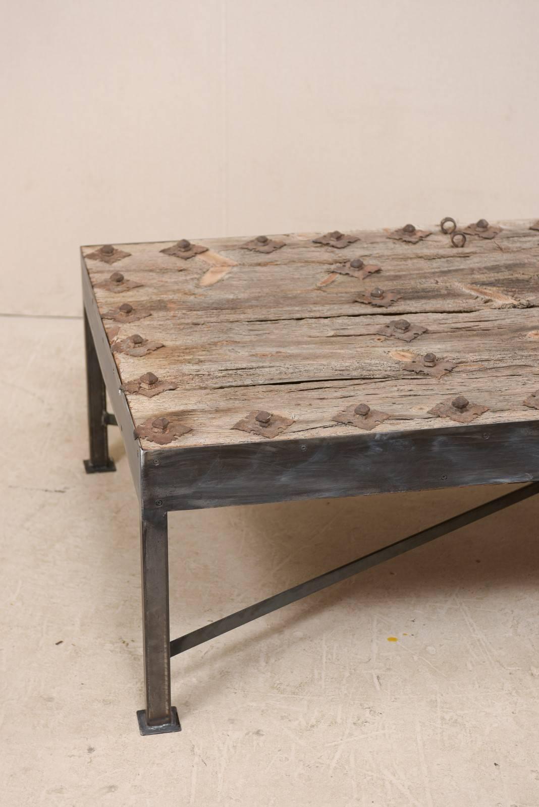 18th Century Spanish Rustic Wood Door Custom Coffee Table with Nice Metal Base In Good Condition In Atlanta, GA