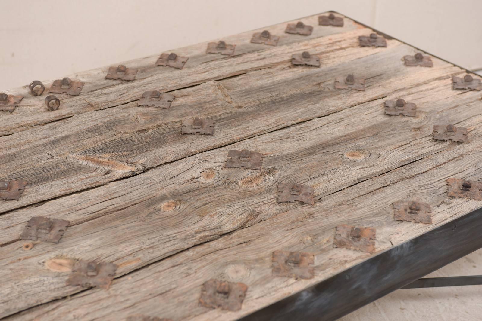 18th Century and Earlier 18th Century Spanish Rustic Wood Door Custom Coffee Table with Nice Metal Base