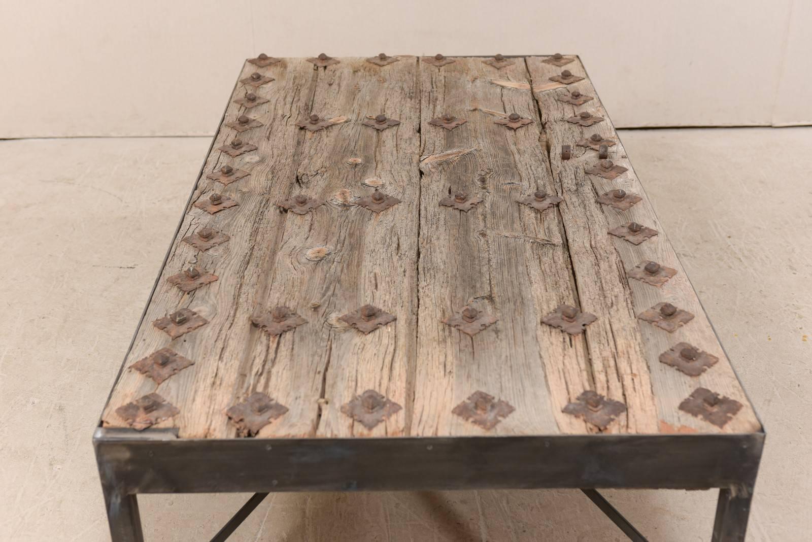 Iron 18th Century Spanish Rustic Wood Door Custom Coffee Table with Nice Metal Base
