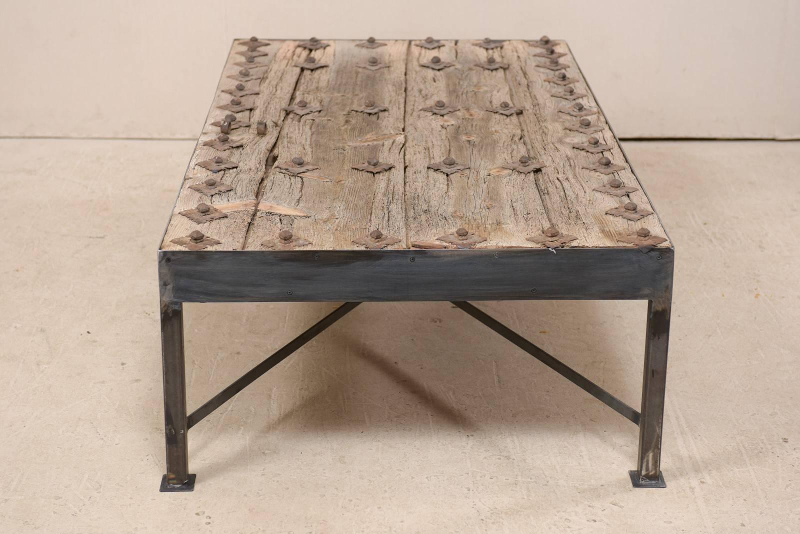 18th Century Spanish Rustic Wood Door Custom Coffee Table with Nice Metal Base 1