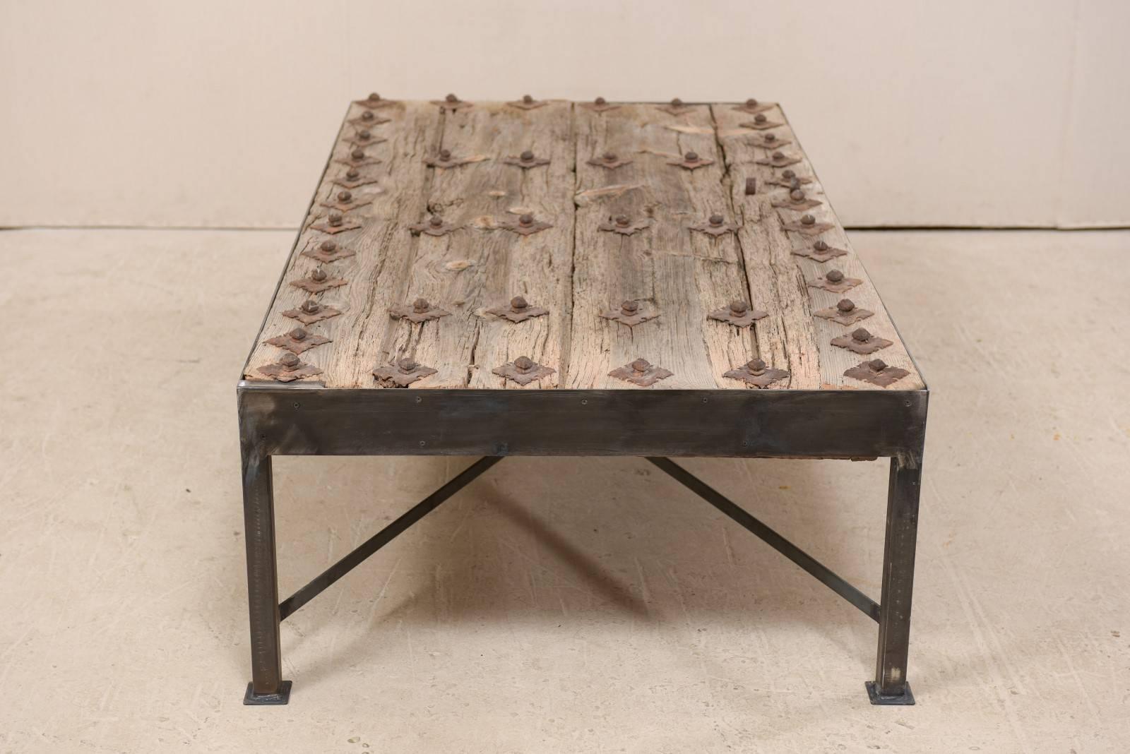 18th Century Spanish Rustic Wood Door Custom Coffee Table with Nice Metal Base 2