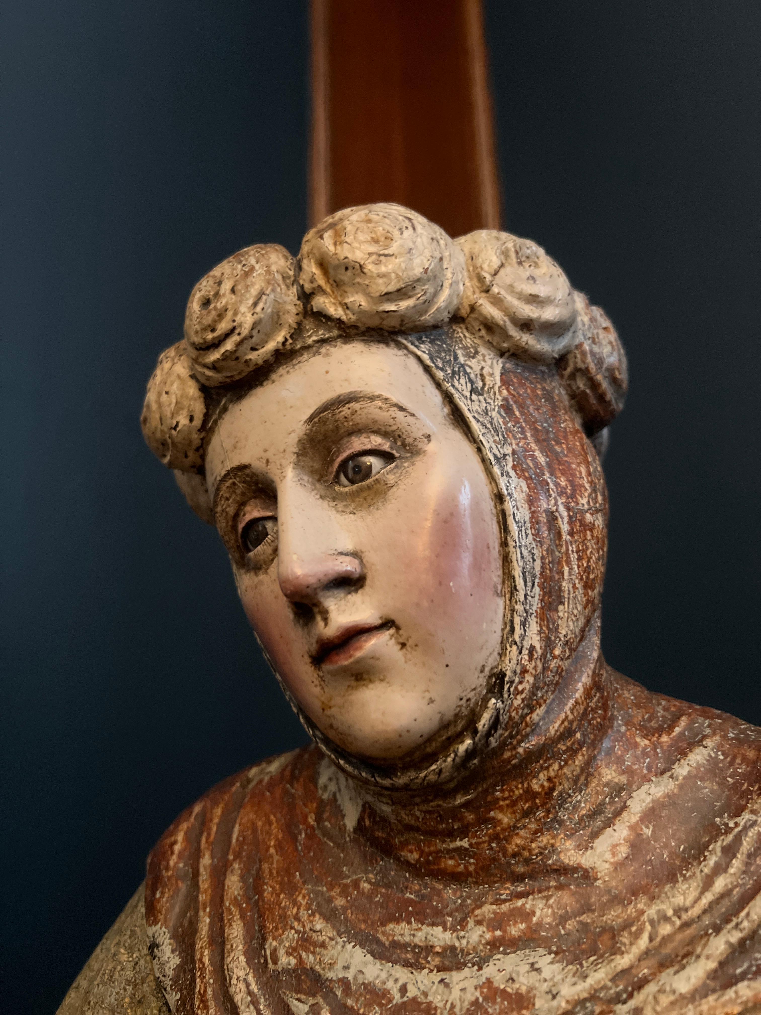 18th Century Spanish School Saint Ursula the Martyr Santos Sculpture, Glass Eyes 7