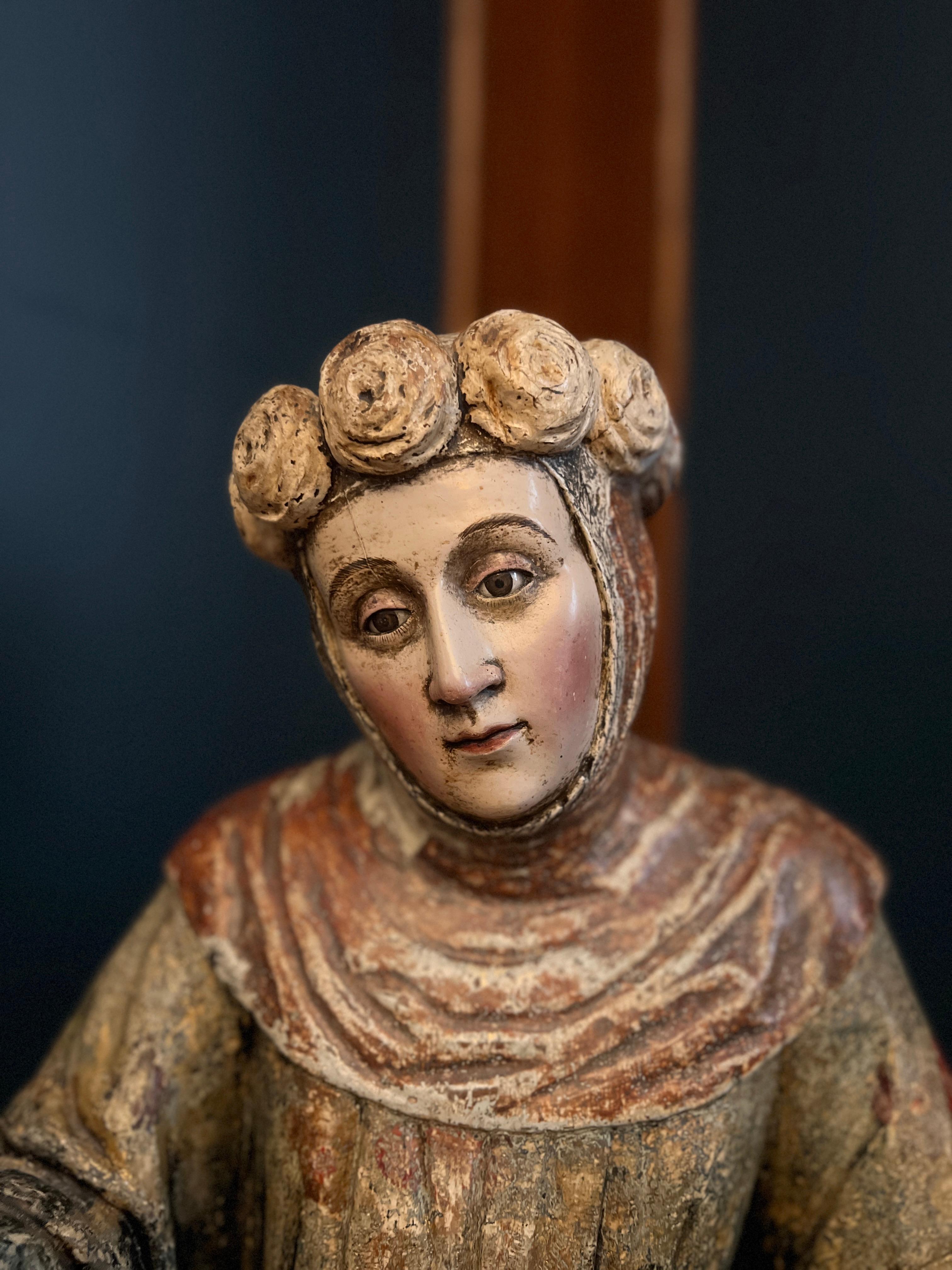 Spanish Colonial 18th Century Spanish School Saint Ursula the Martyr Santos Sculpture, Glass Eyes