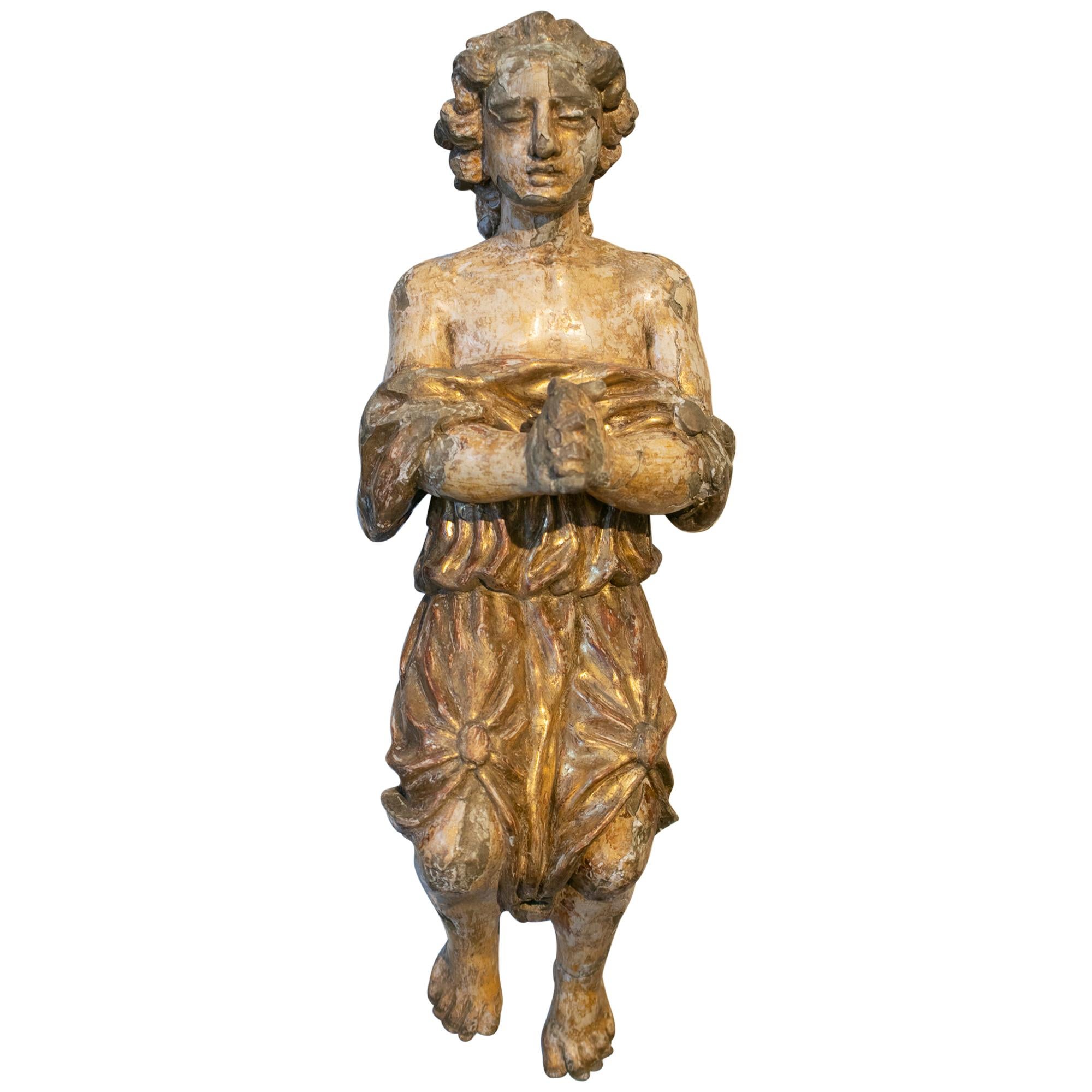 18th Century Spanish School Wooden Painted Sculpture of an Angel Praying