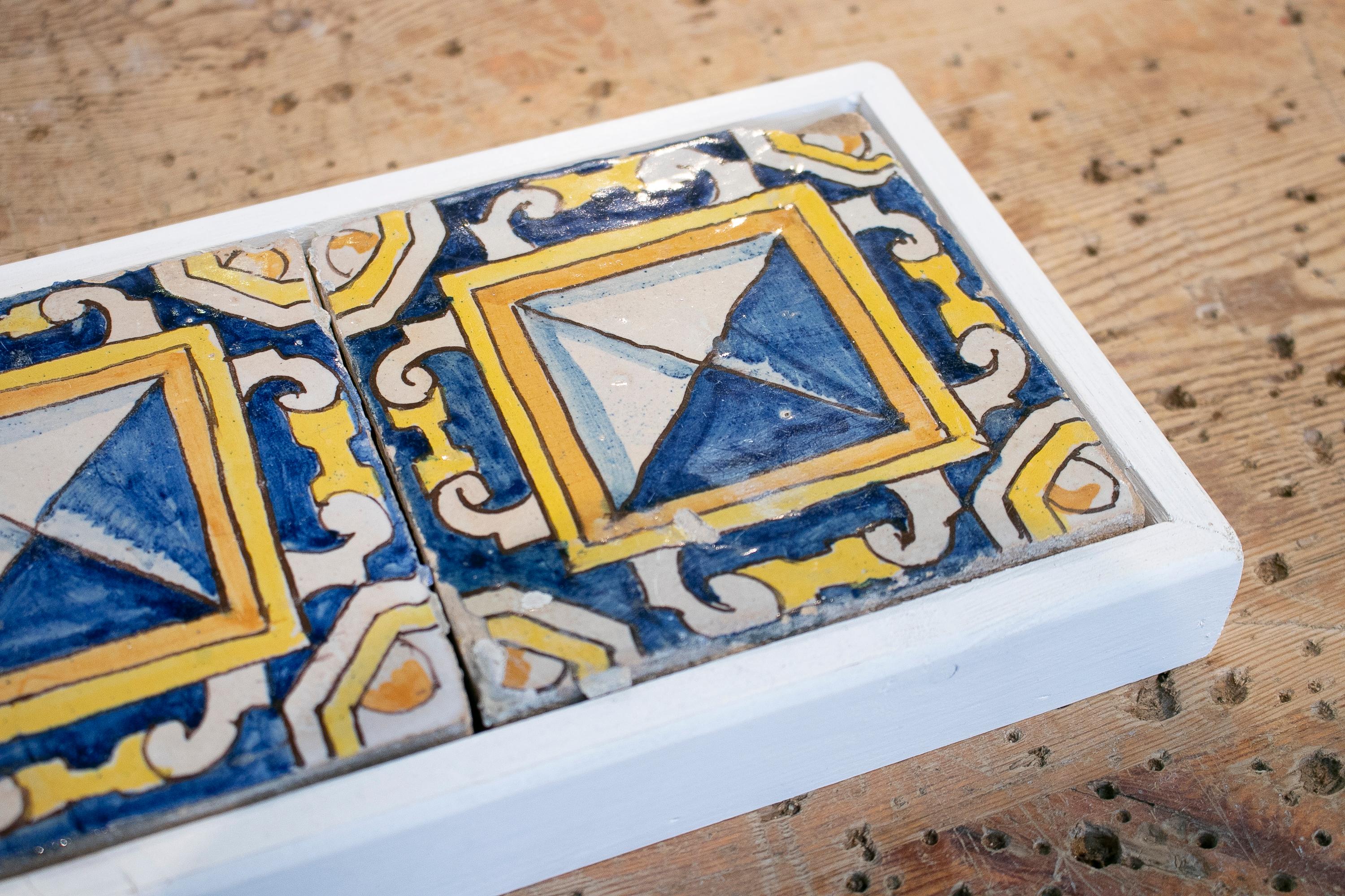 18th Century Spanish Set of 3 Framed Glazed Ceramic Tiles 2
