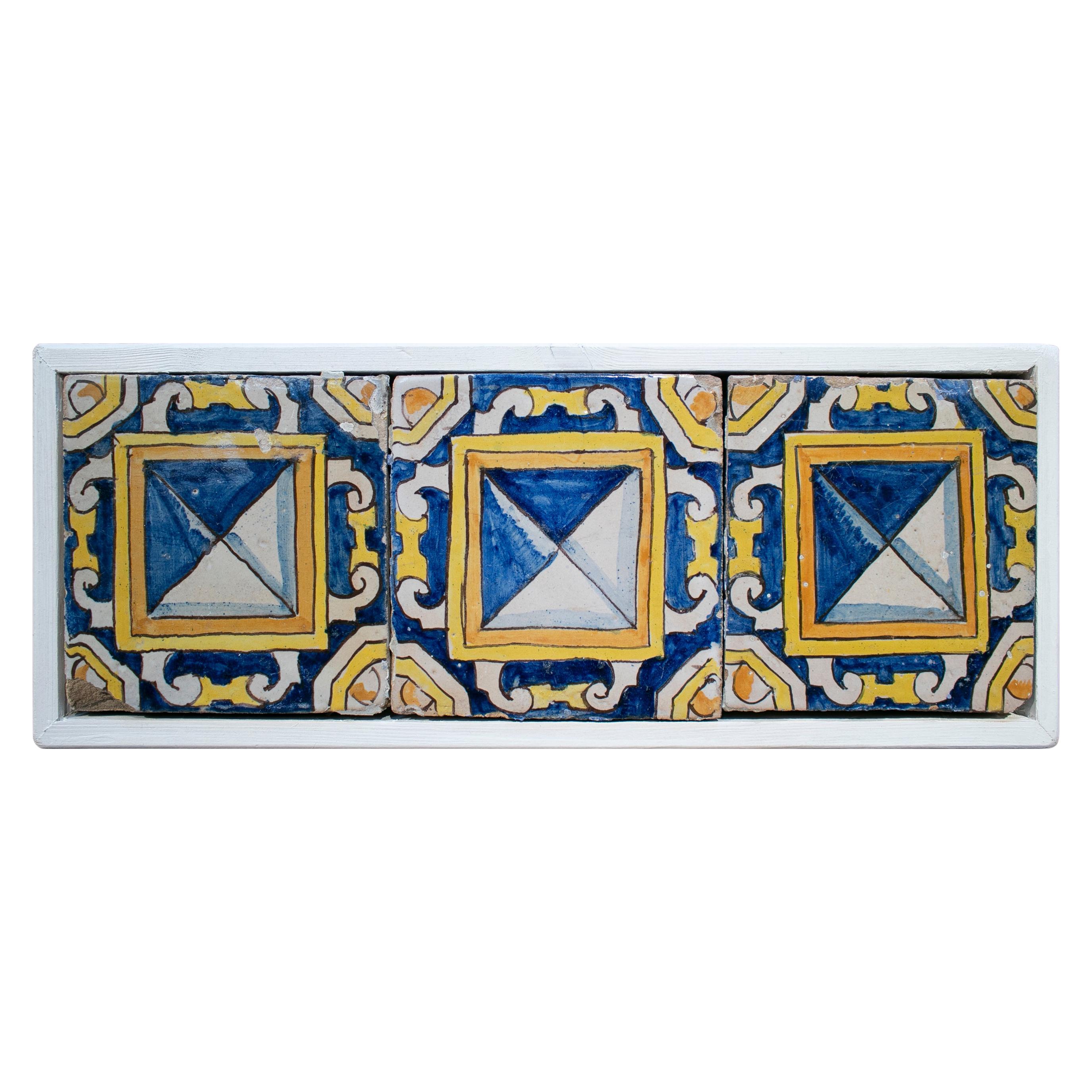 18th Century Spanish Set of 3 Framed Glazed Ceramic Tiles