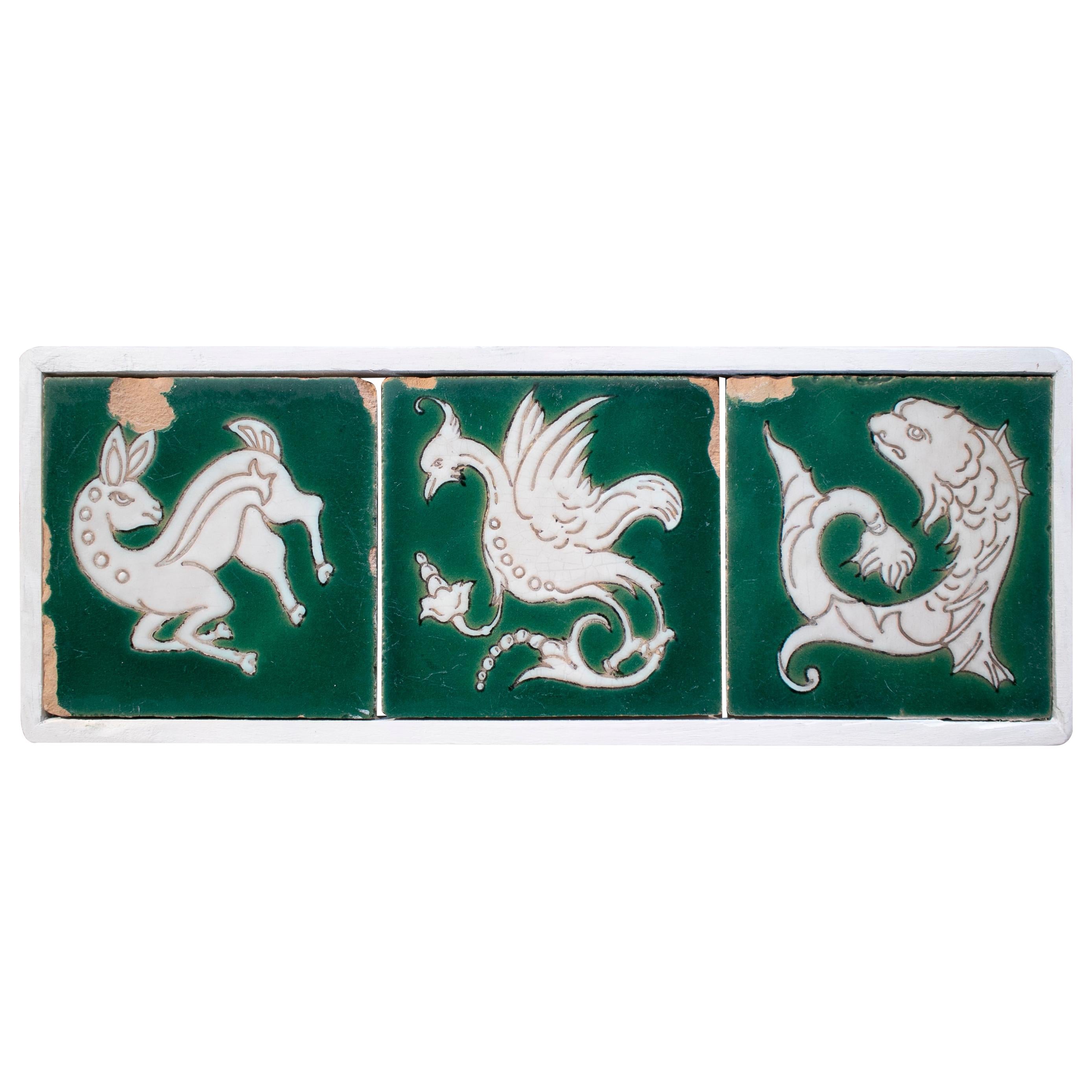 18th Century Spanish Set of 3 Framed Glazed Ceramic Tiles with Animals