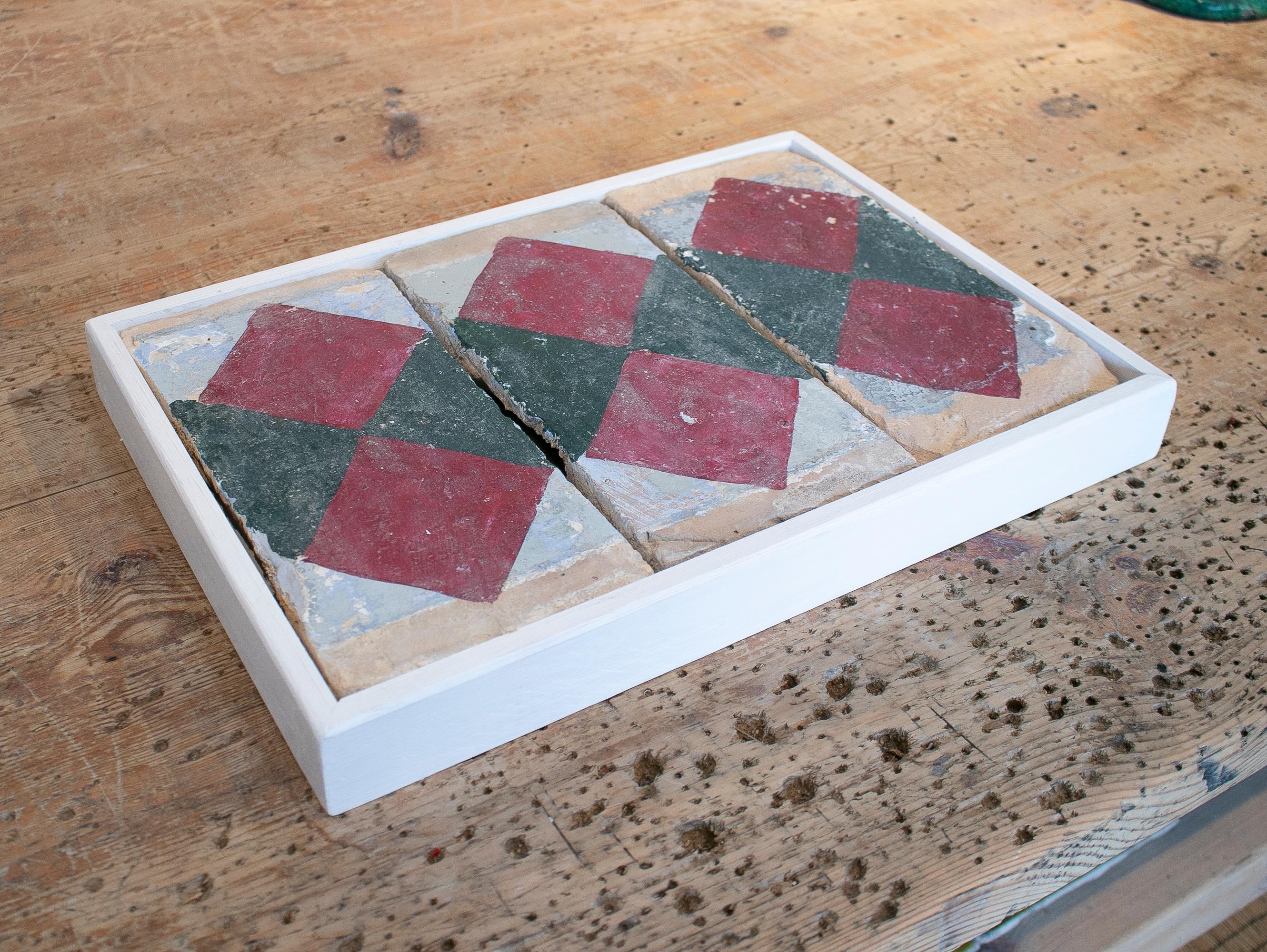18th Century and Earlier 18th Century Spanish Set of 3 Hand Painted Ceramic Terracotta Tiles