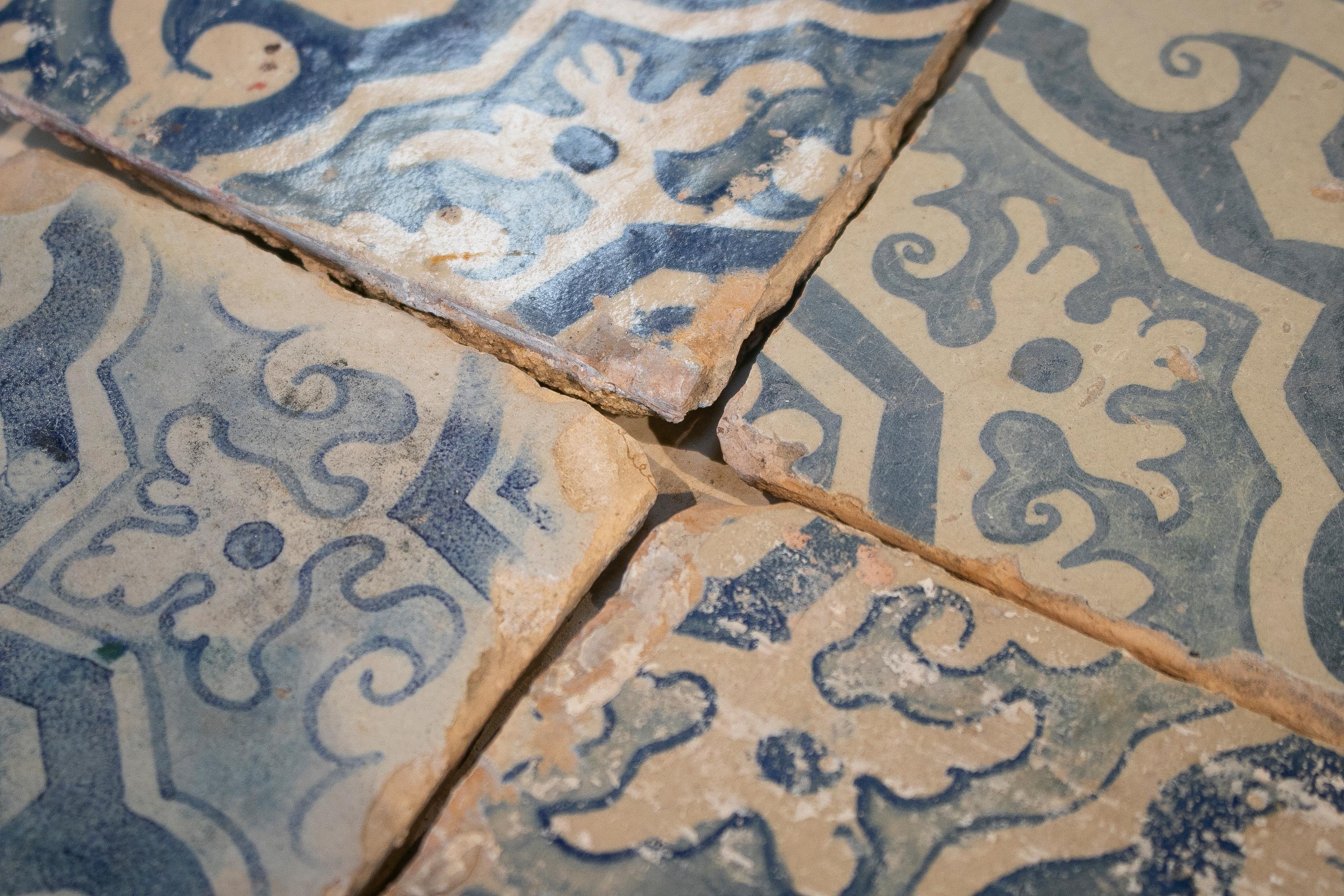 18th Century Spanish Set of 4 Framed Cobalt Blue Glazed Ceramic Tiles 2