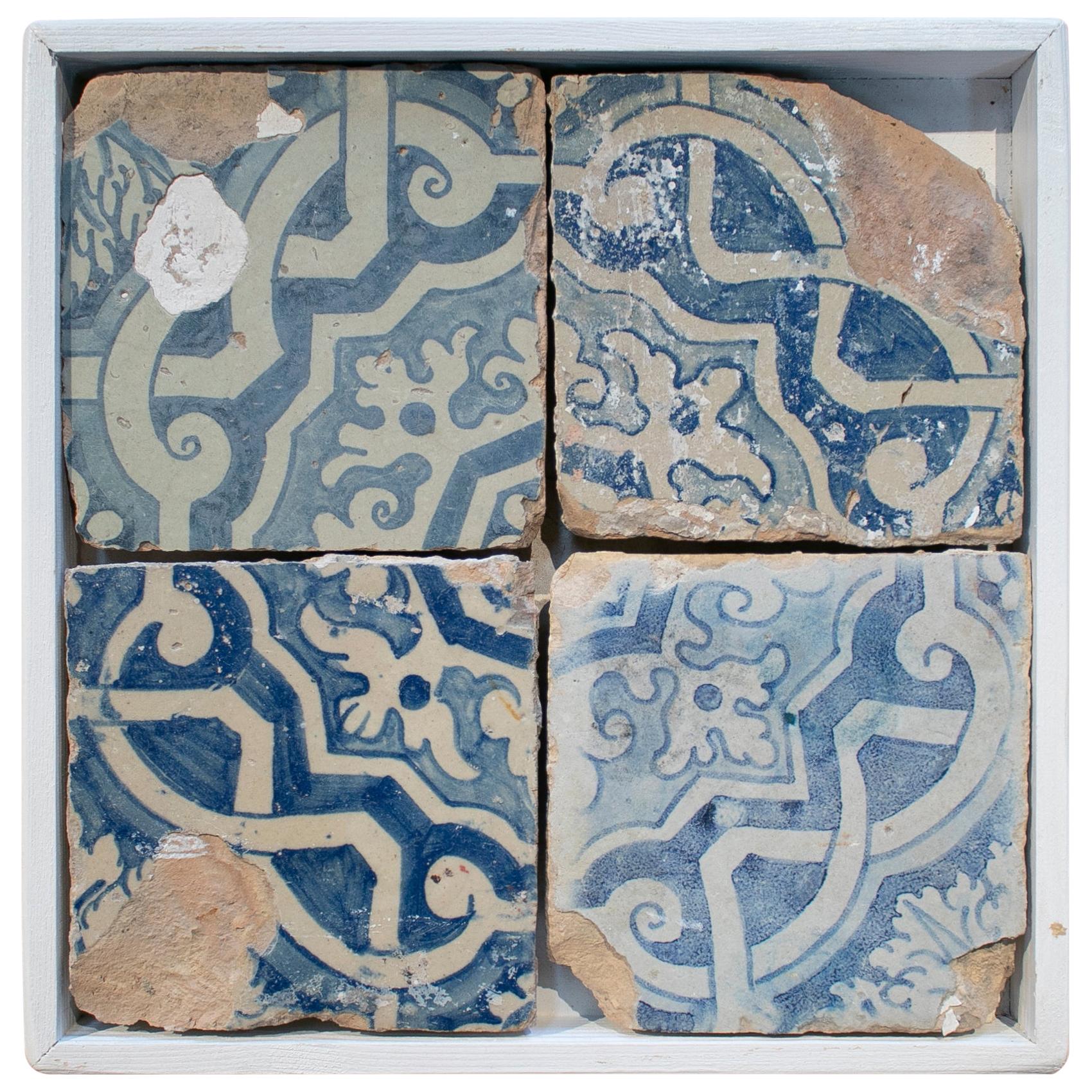 18th Century Spanish Set of 4 Framed Cobalt Blue Glazed Ceramic Tiles
