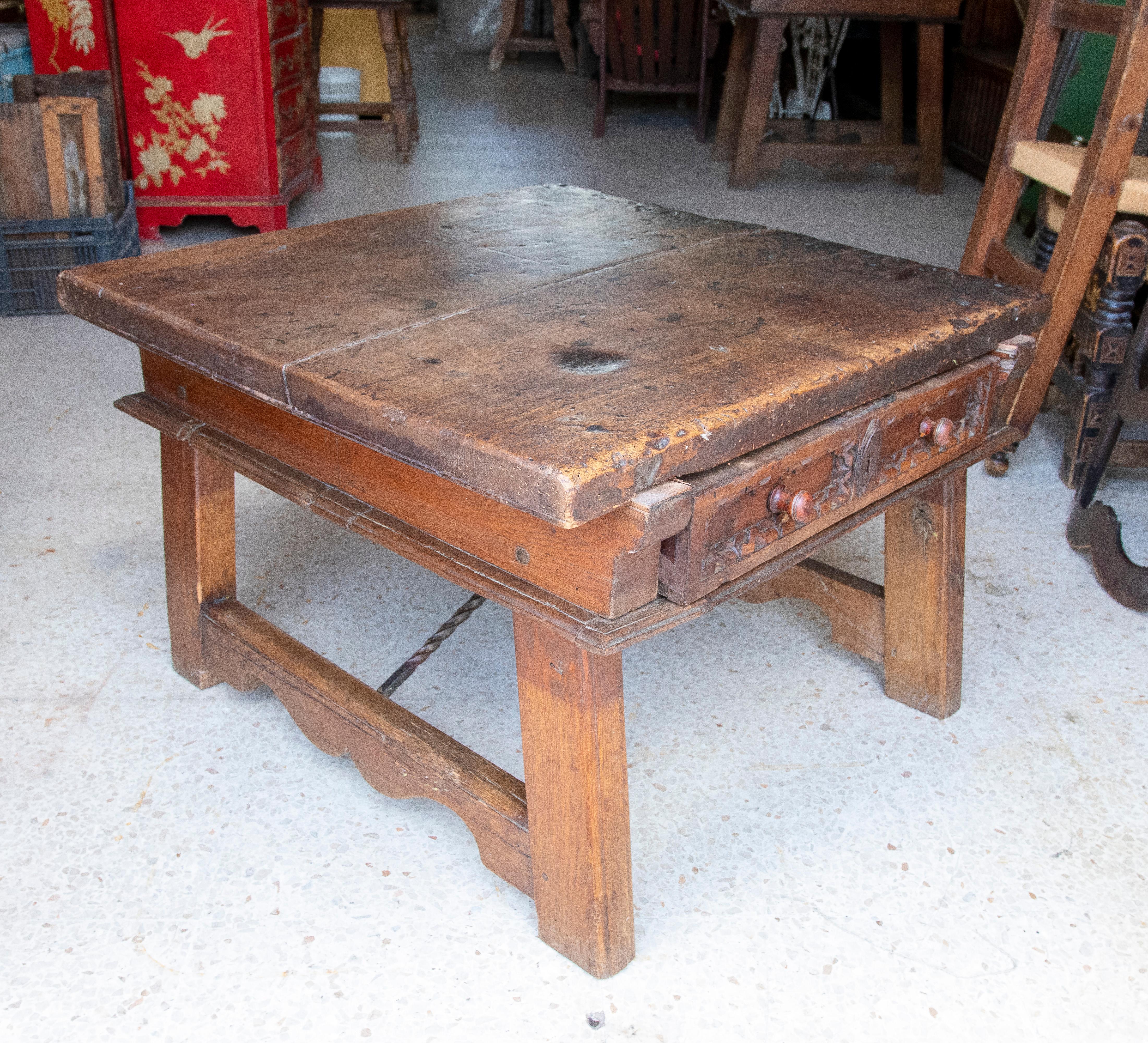 18th Century Spanish Side Table with Drawer and Iron Joining Legs For Sale 5