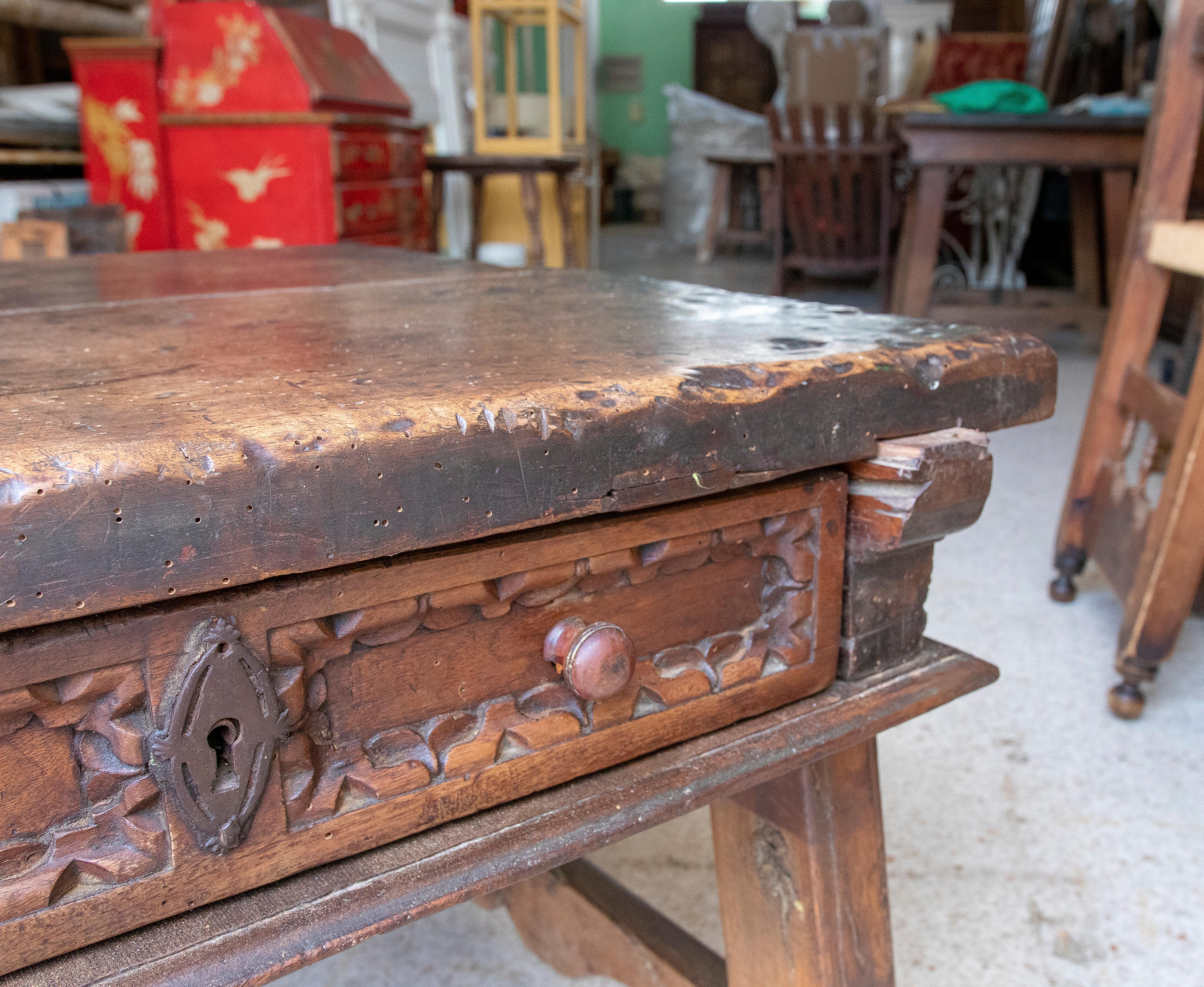 18th Century Spanish Side Table with Drawer and Iron Joining Legs For Sale 6