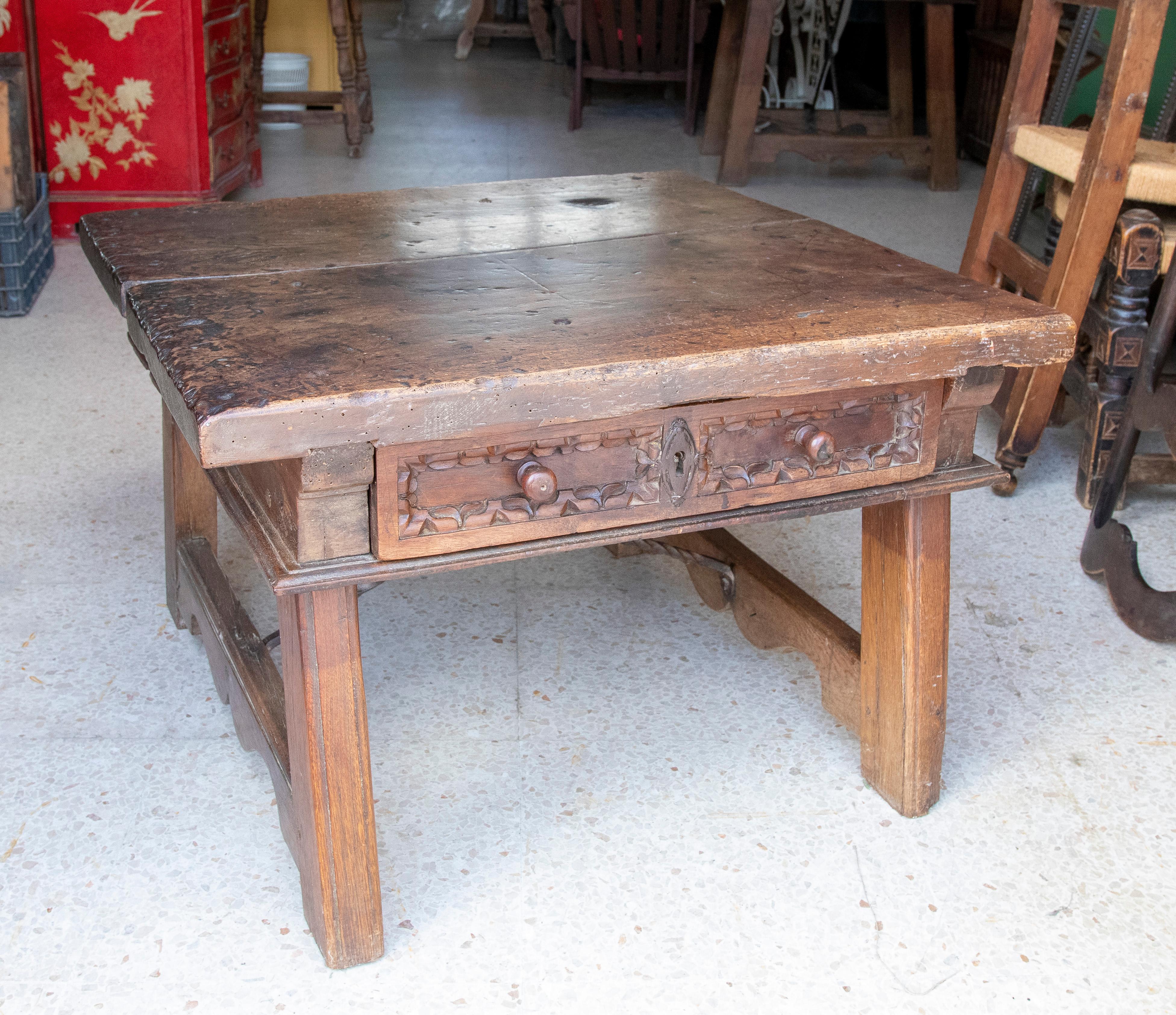 18th Century Spanish side table with drawer and iron joining legs.