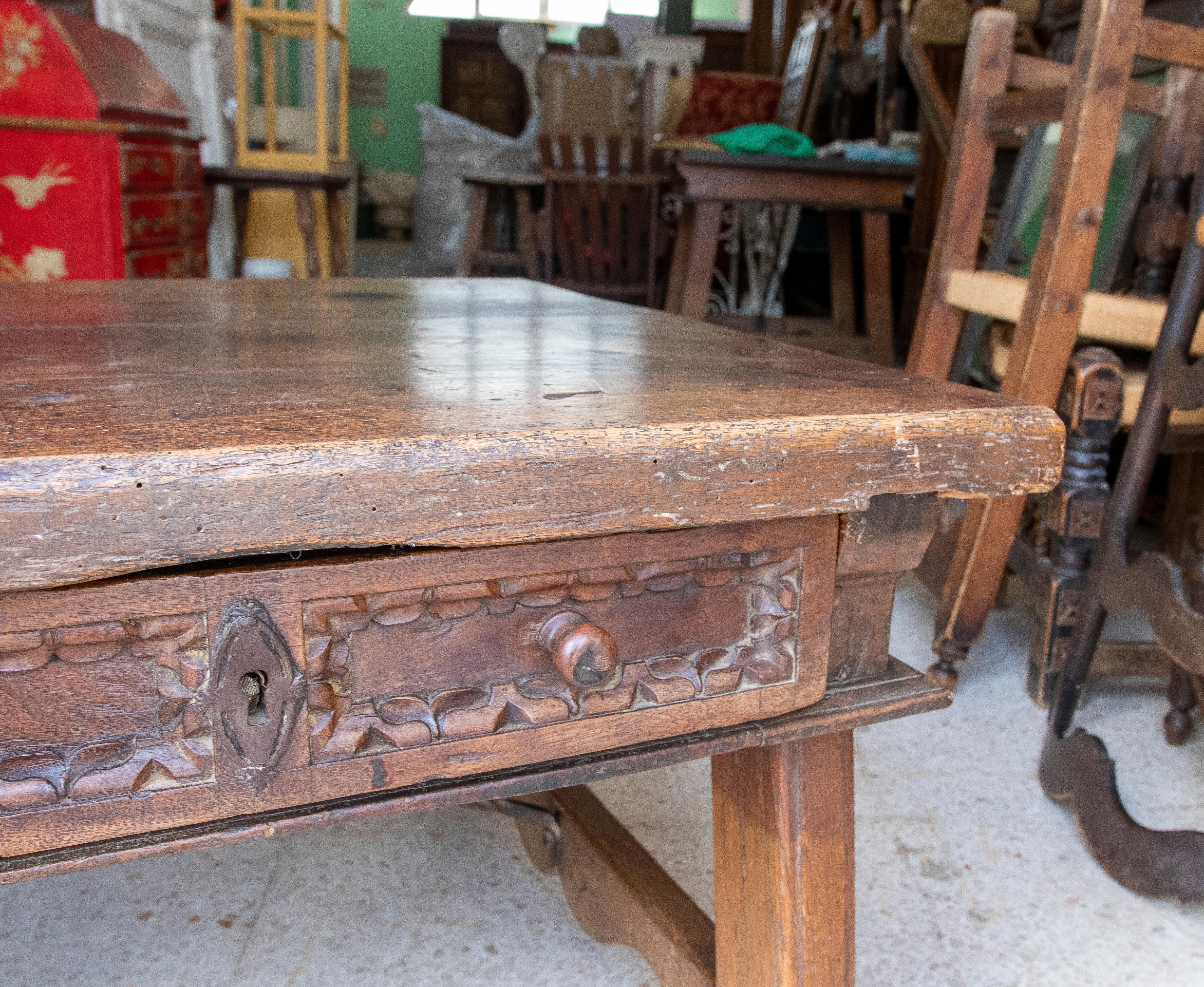 18th Century and Earlier 18th Century Spanish Side Table with Drawer and Iron Joining Legs For Sale
