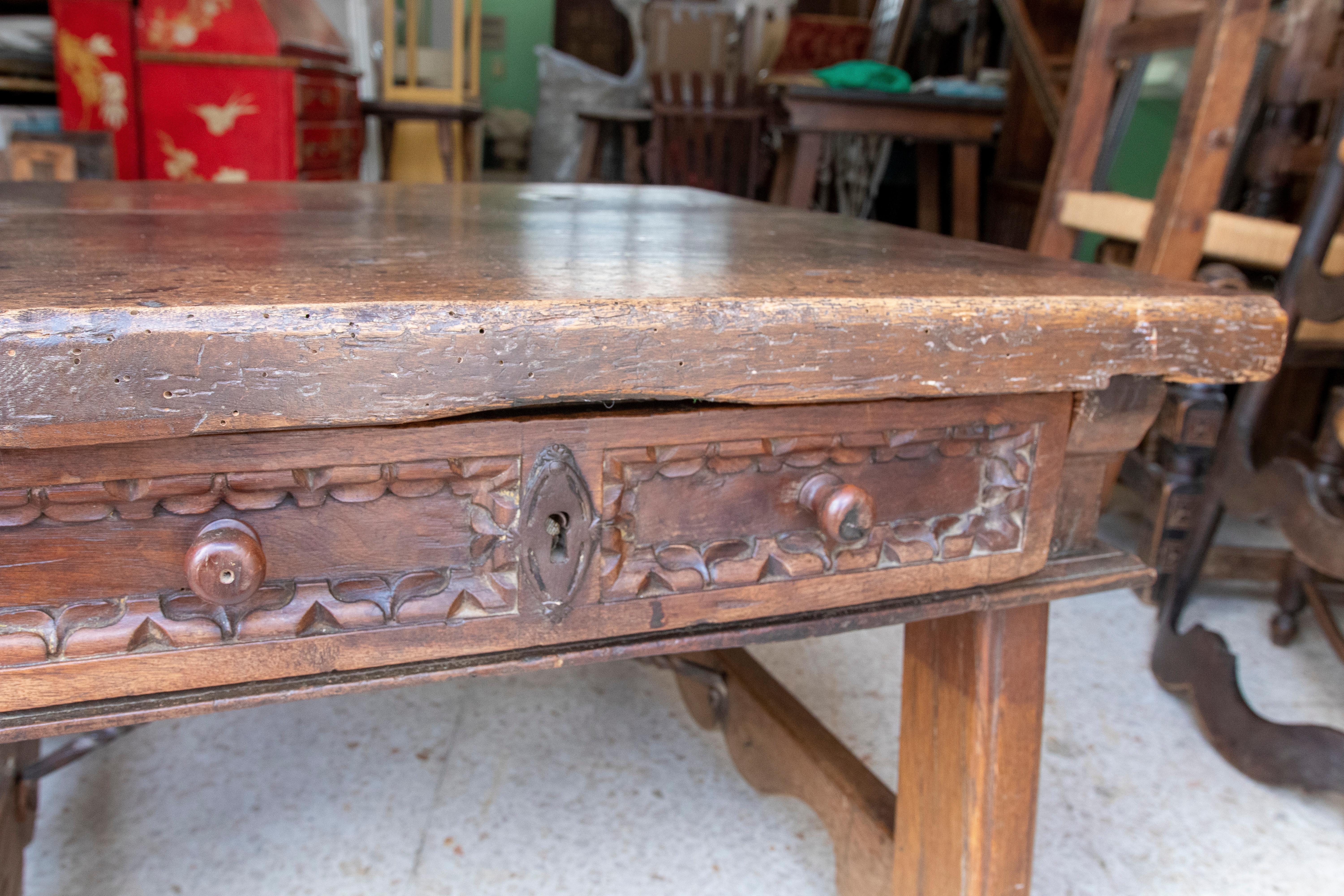 Wood 18th Century Spanish Side Table with Drawer and Iron Joining Legs For Sale