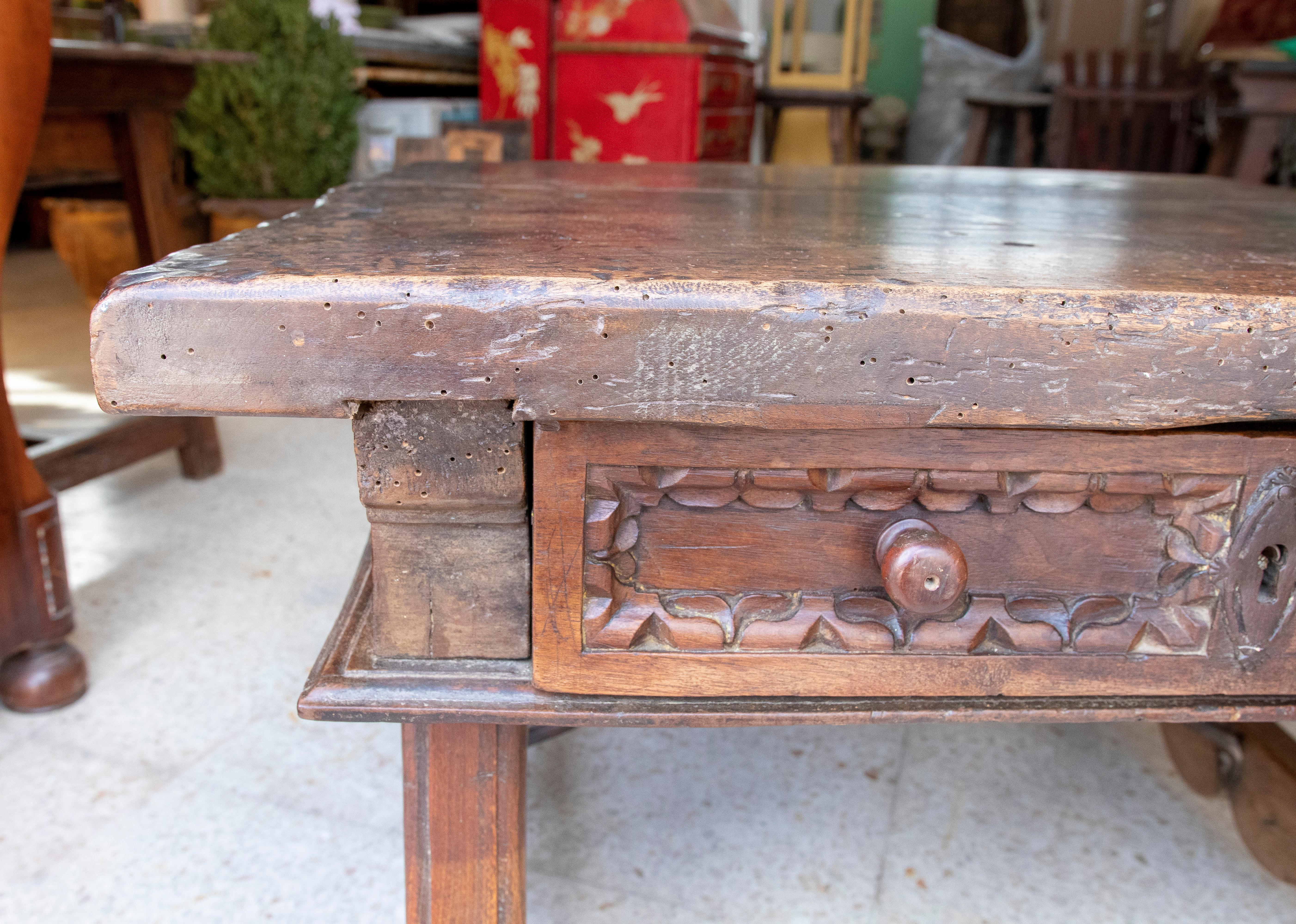 18th Century Spanish Side Table with Drawer and Iron Joining Legs For Sale 1