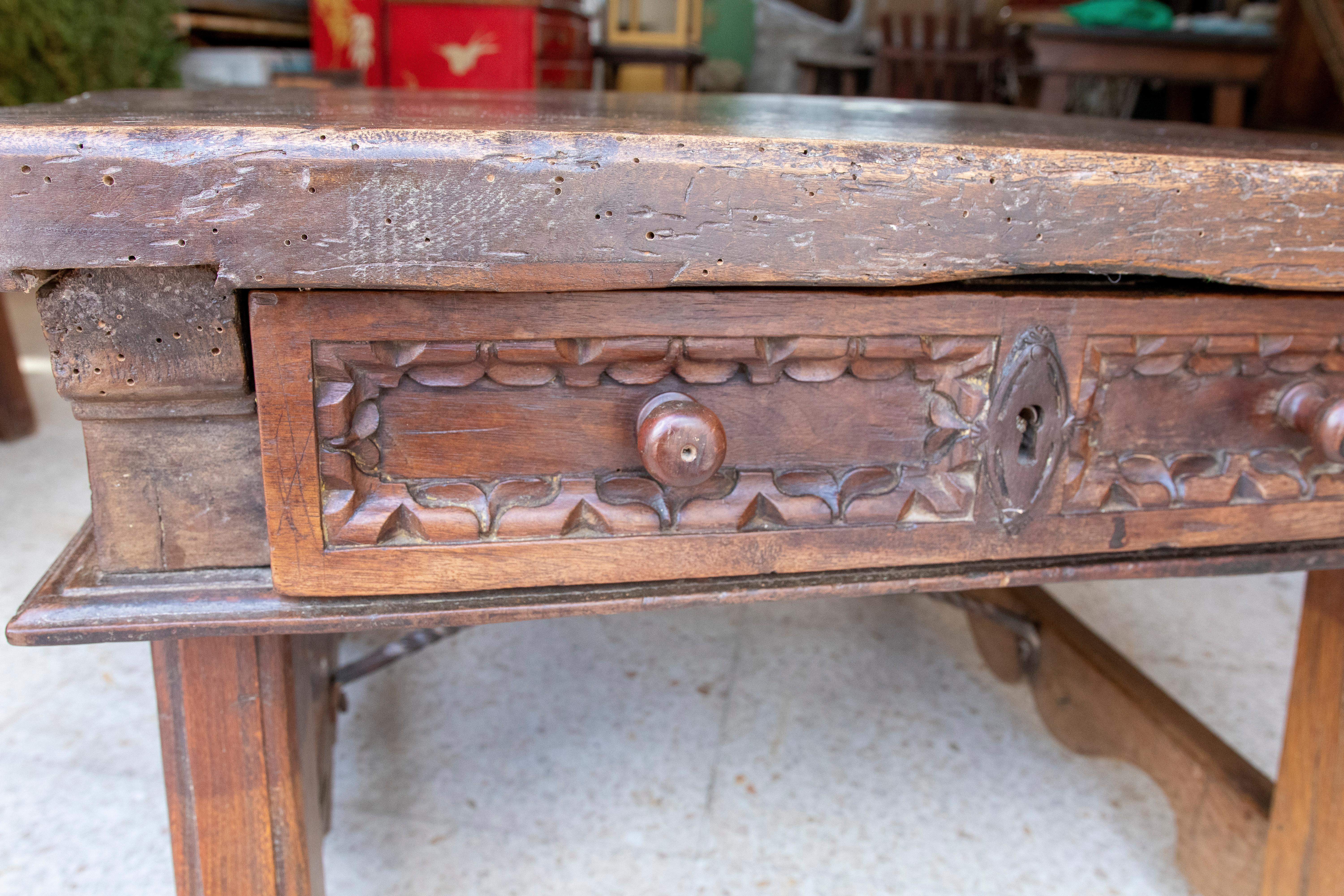 18th Century Spanish Side Table with Drawer and Iron Joining Legs For Sale 2
