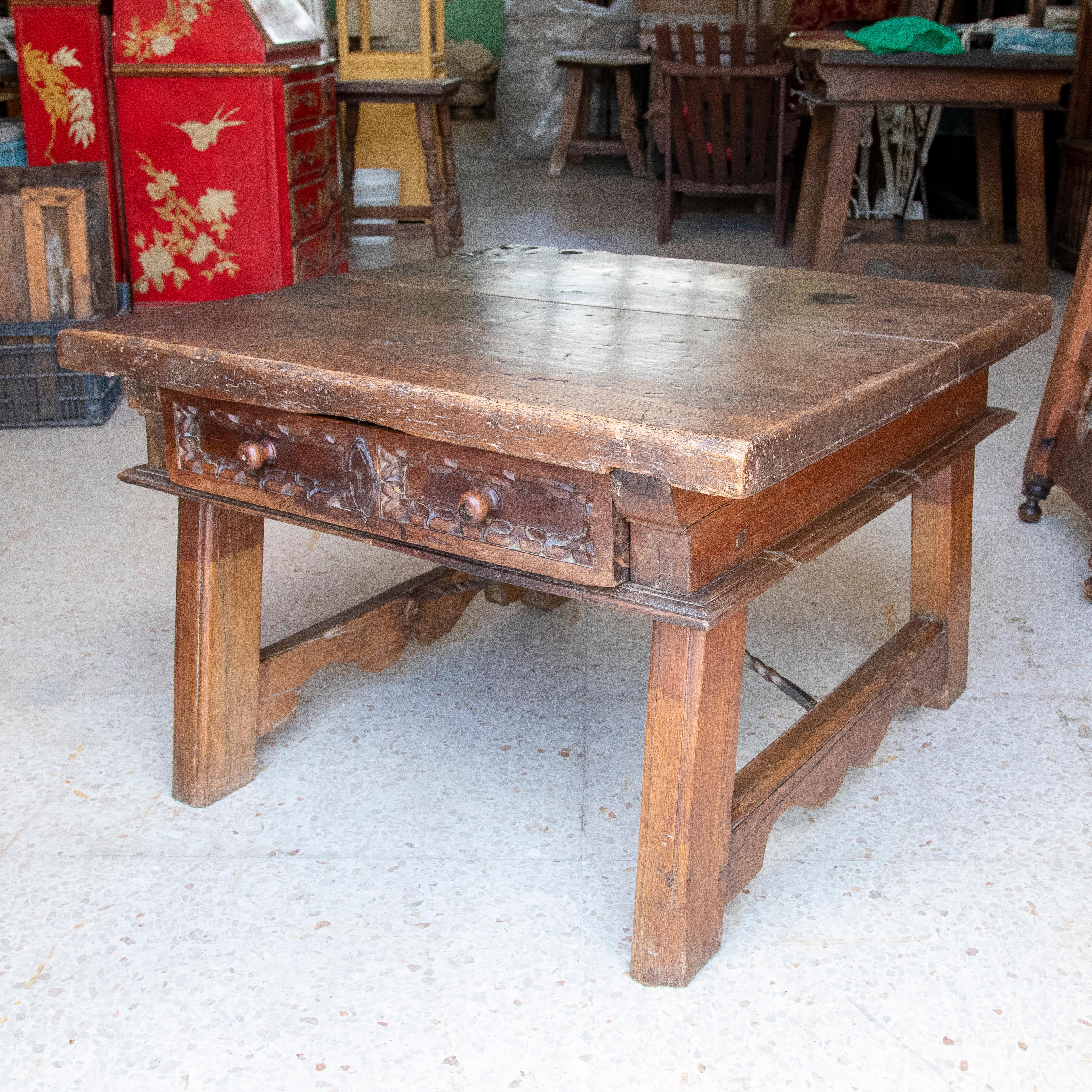 18th Century Spanish Side Table with Drawer and Iron Joining Legs For Sale 3