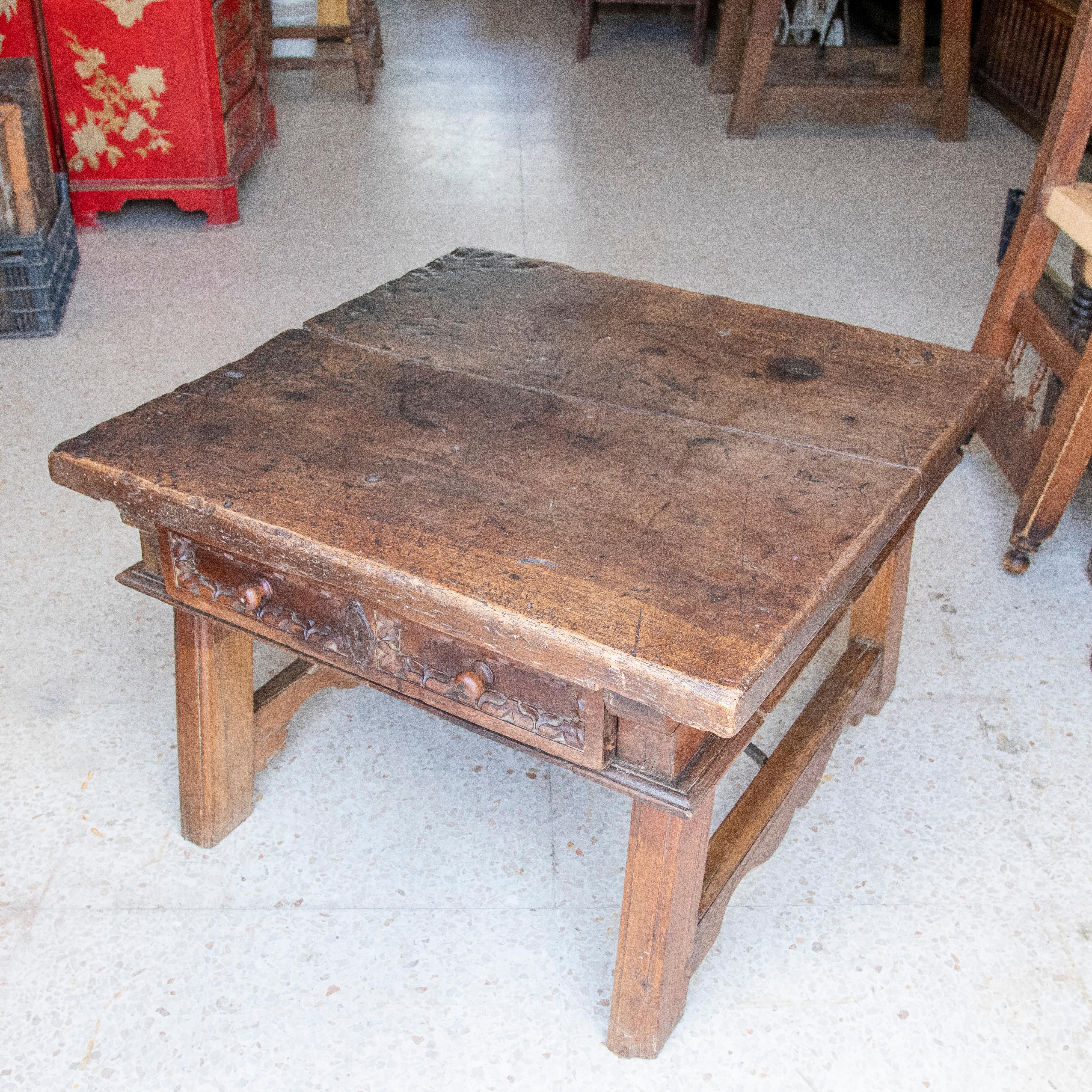18th Century Spanish Side Table with Drawer and Iron Joining Legs For Sale 4