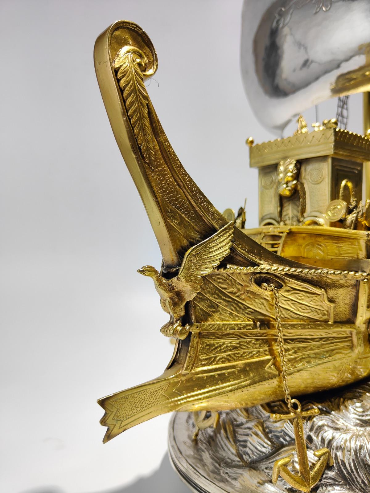 18th Century, Spanish Silver Roman Bireme Automaton Ship 